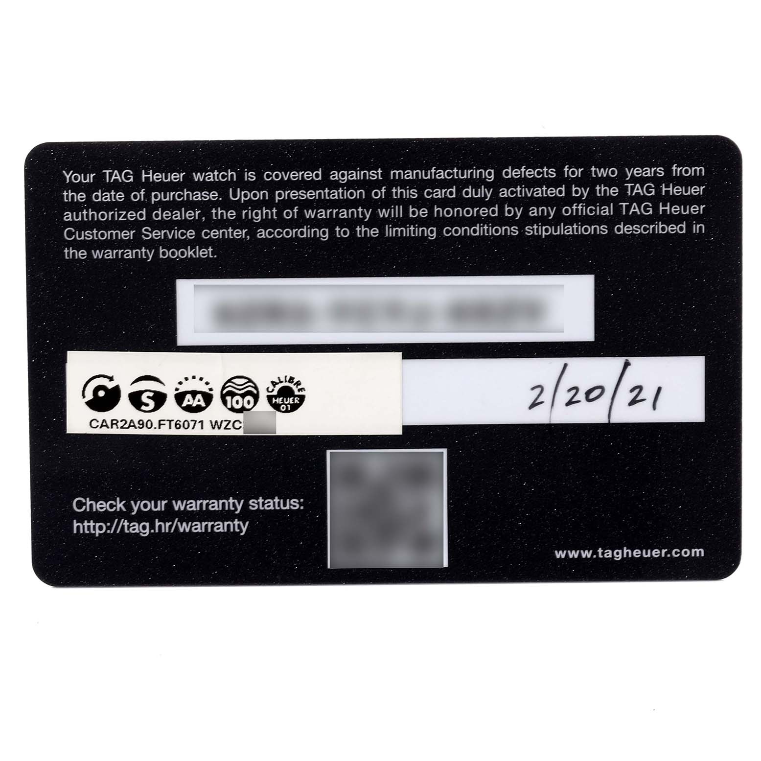 This is a warranty card for the Tag Heuer Carrera CAR2A90.FT6071 Men's Ceramic Black Dial CAR2A90.FT6071 Men's Ceramic Black Dial model watch, showing a purchase date and warranty details.