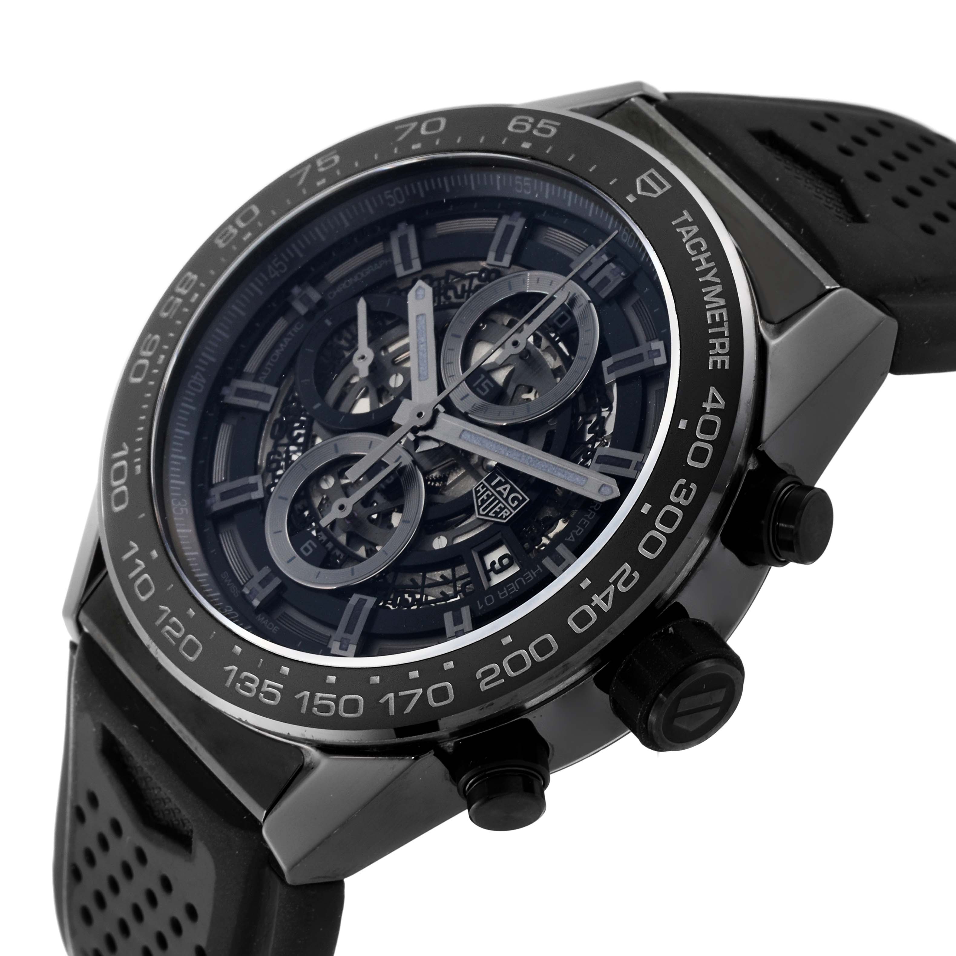 The Tag Heuer Carrera CAR2A90.FT6071 Men's Ceramic Black Dial CAR2A90.FT6071 Men's Ceramic Black Dial model watch is shown at an angled close-up view, highlighting the dial, tachymeter bezel, and chronograph buttons.