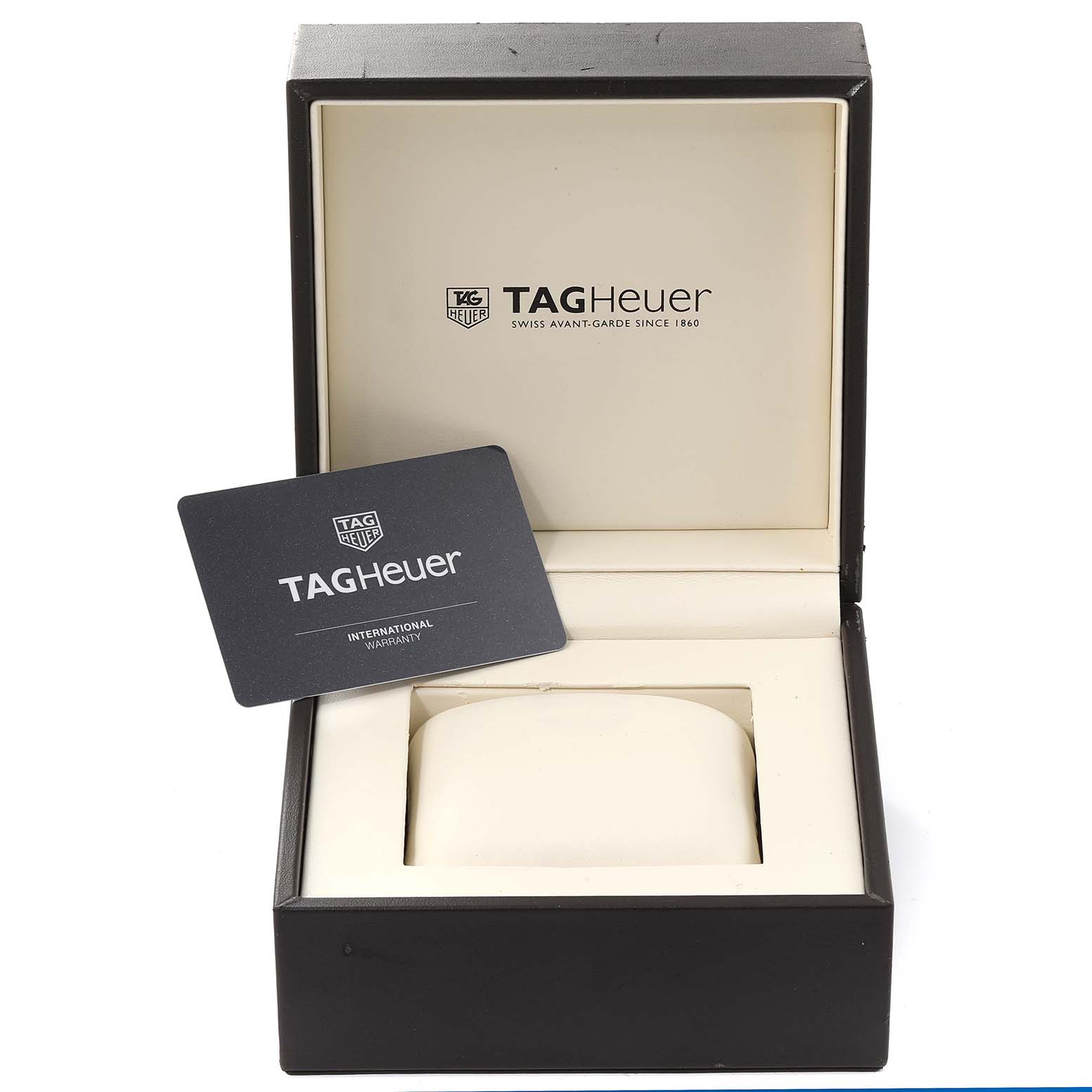 The image shows an open Tag Heuer Carrera CAR2A90.FT6071 Men's Ceramic Black Dial CAR2A90.FT6071 Men's Ceramic Black Dial watch box and an international warranty card.