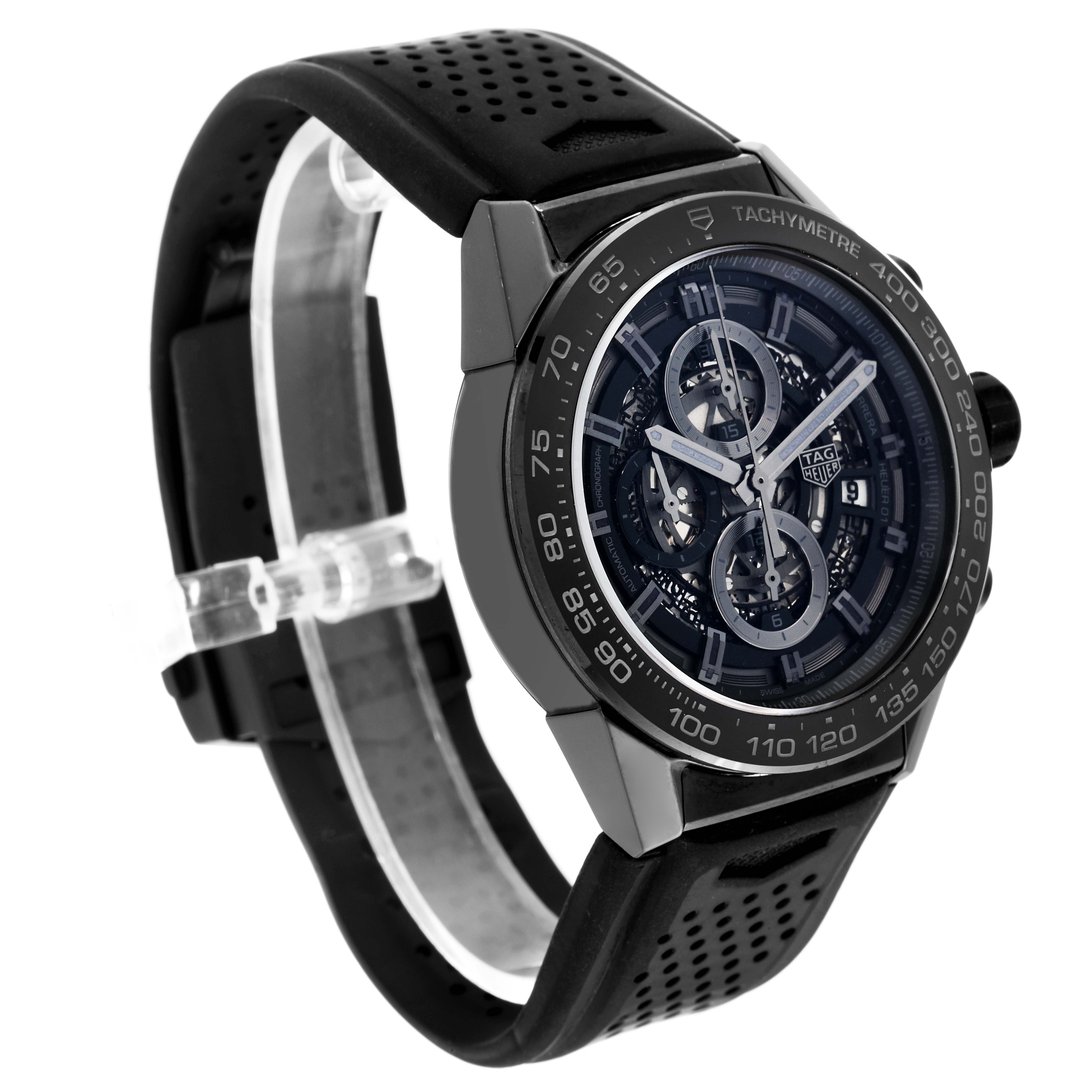 The image shows a Tag Heuer Carrera CAR2A90.FT6071 Men's Ceramic Black Dial CAR2A90.FT6071 Men's Ceramic Black Dial watch at an angled front view, highlighting its black strap and detailed dial.