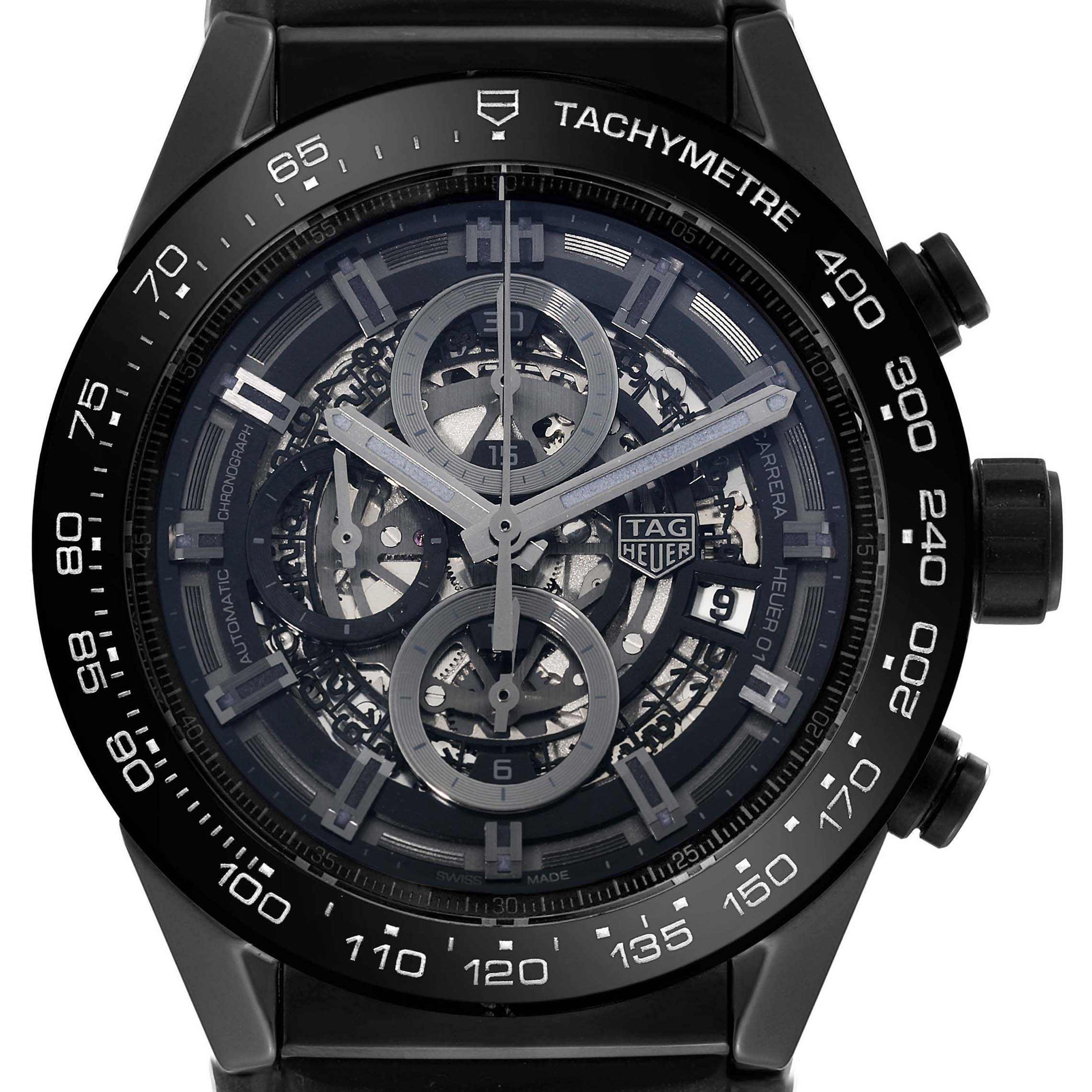 This image shows the face and bezel of a Tag Heuer Carrera CAR2A90.FT6071 Men's Ceramic Black Dial CAR2A90.FT6071 Men's Ceramic Black Dial model watch, viewed from the front.