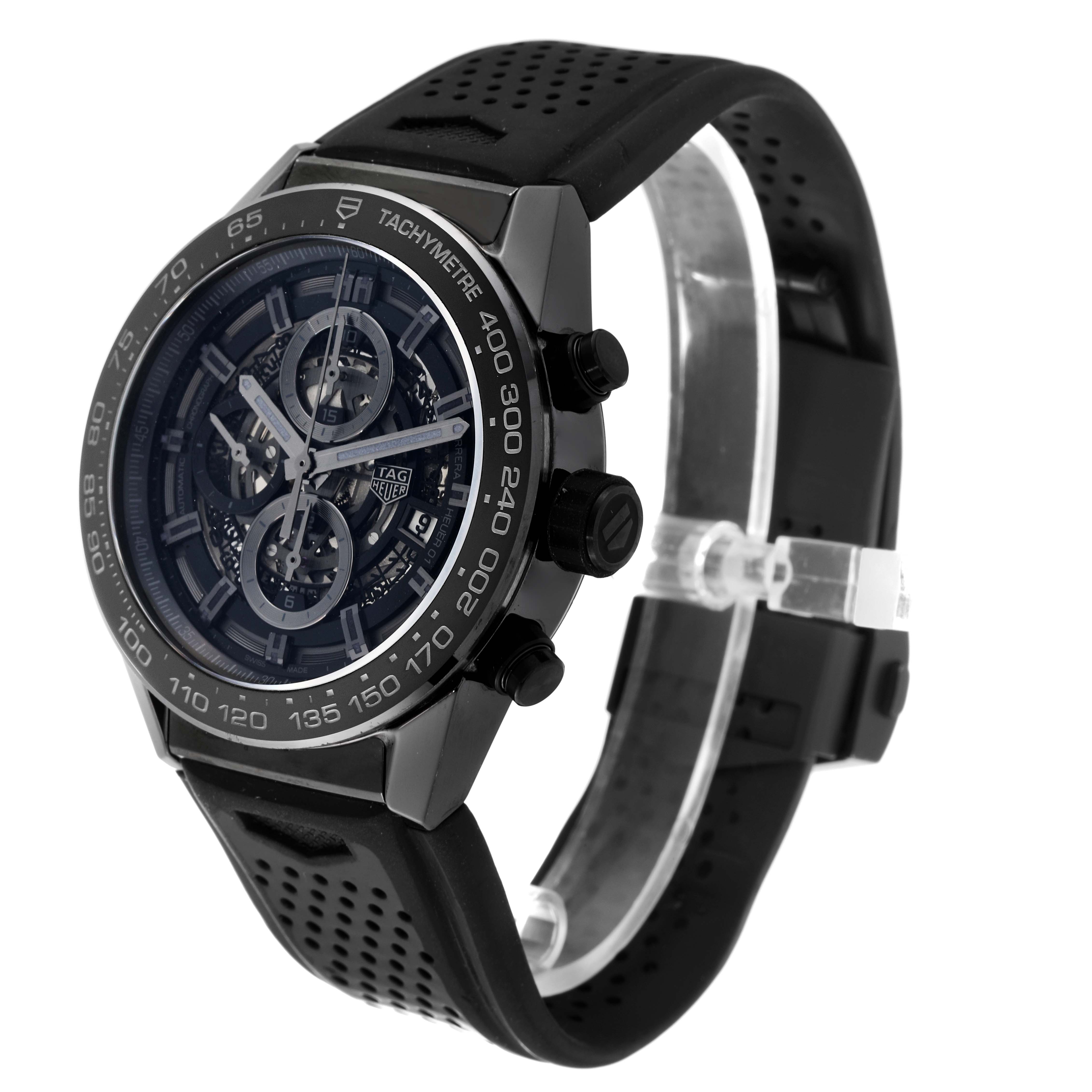 The Tag Heuer Carrera CAR2A90.FT6071 Men's Ceramic Black Dial CAR2A90.FT6071 Men's Ceramic Black Dial watch is shown from an angled side view, highlighting its bezel, face, and strap.