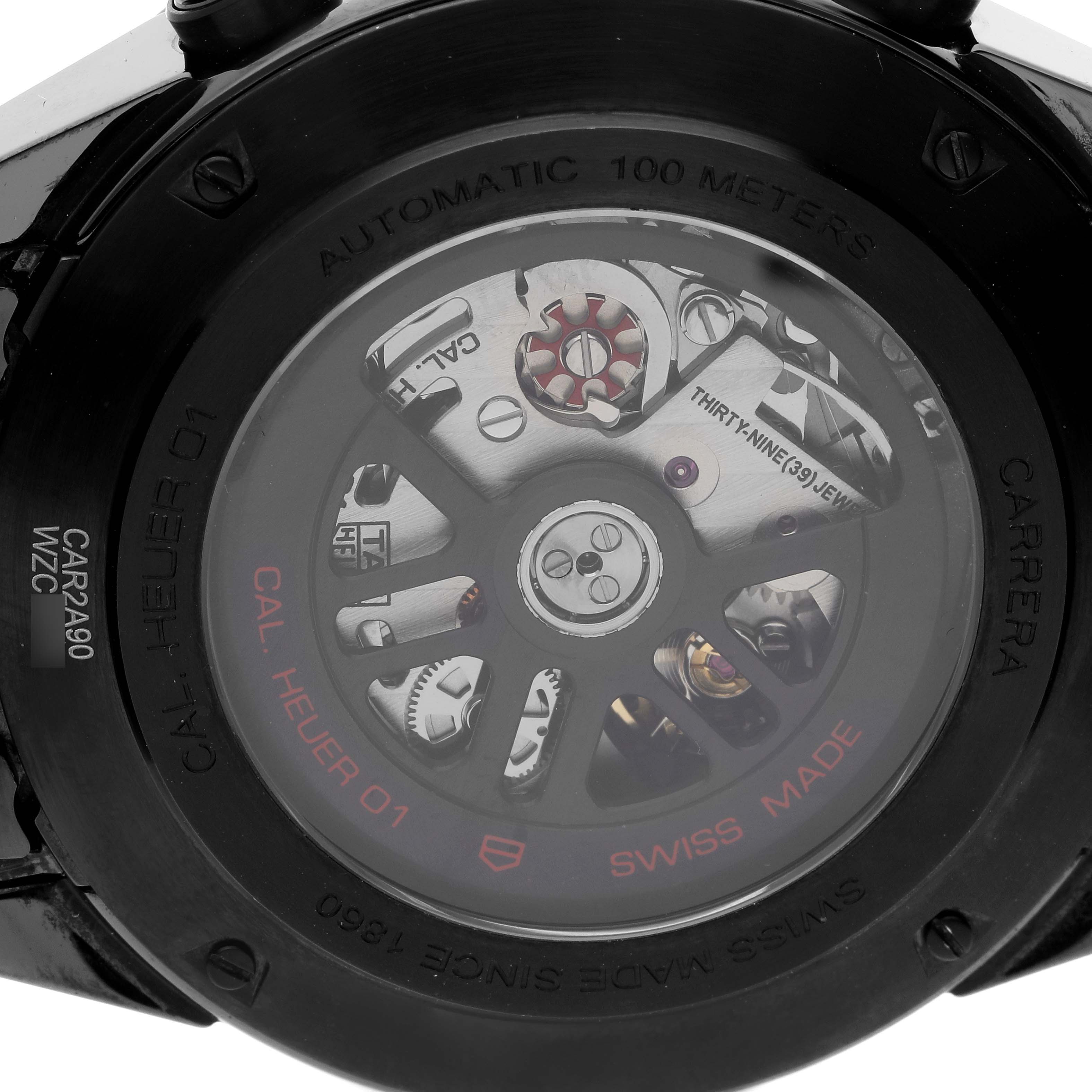 The image shows the back view of a Tag Heuer Carrera CAR2A90.FT6071 Men's Ceramic Black Dial CAR2A90.FT6071 Men's Ceramic Black Dial watch, highlighting its automatic movement and internal components.