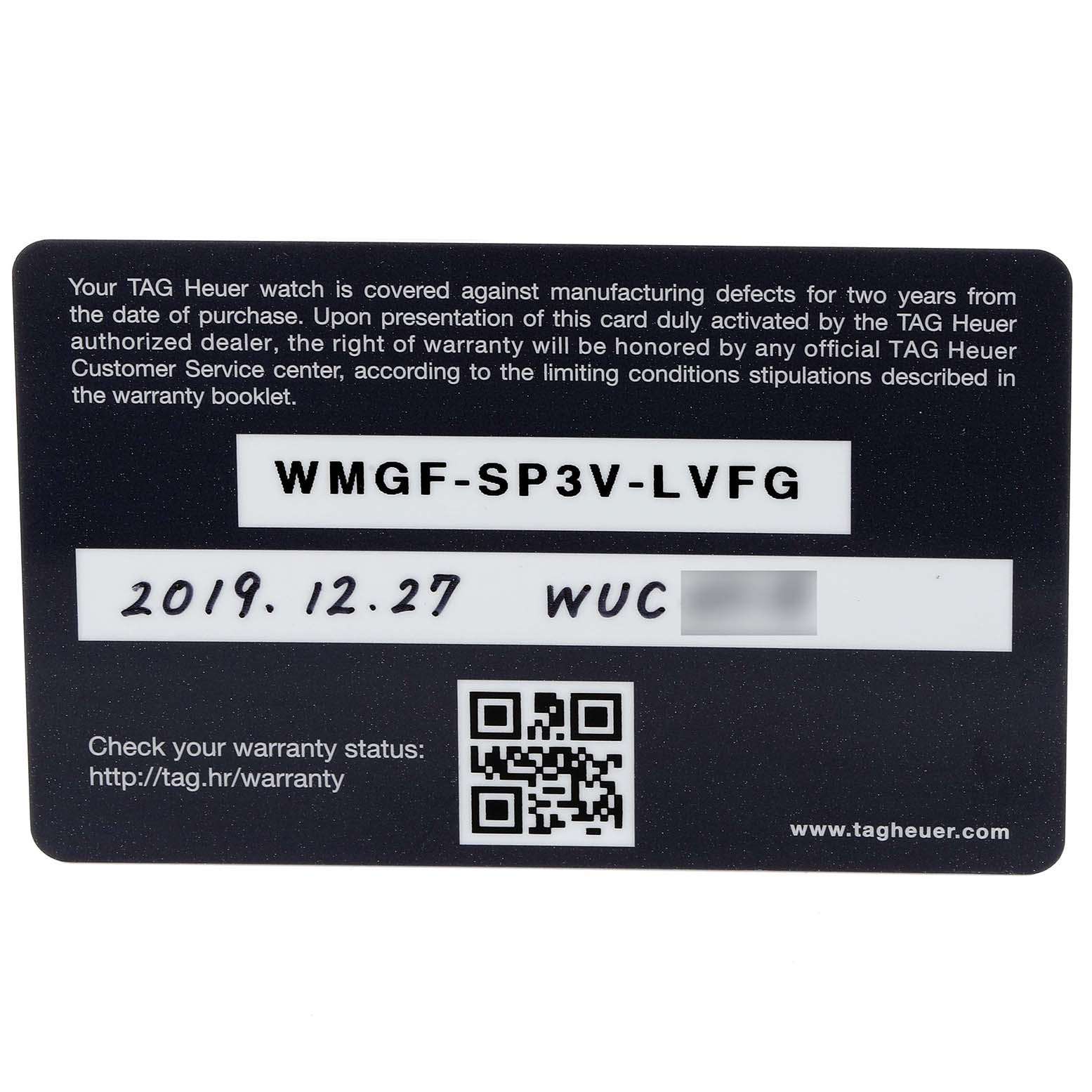 This is a Tag Heuer Carrera CBG2A11.FC6460 Men's Stainless Steel Blue Dial CBG2A11.FC6460 Men's Stainless Steel Blue Dial model warranty card displaying warranty information, a serial number, and a QR code.