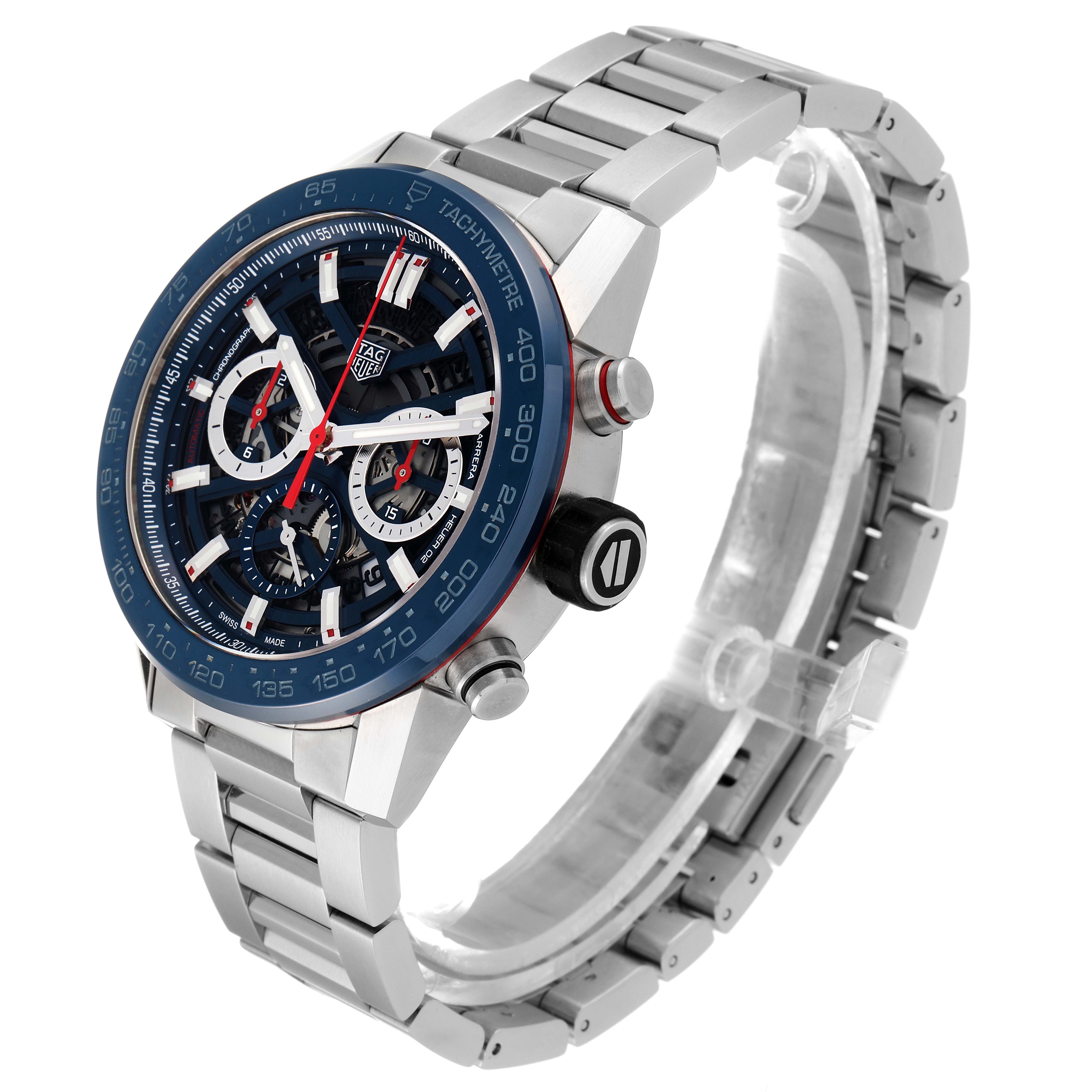 The image shows a Tag Heuer Carrera CBG2A11.FC6460 Men's Stainless Steel Blue Dial CBG2A11.FC6460 Men's Stainless Steel Blue Dial watch in a three-quarter angle, displaying the face, bezel, crown, and bracelet.