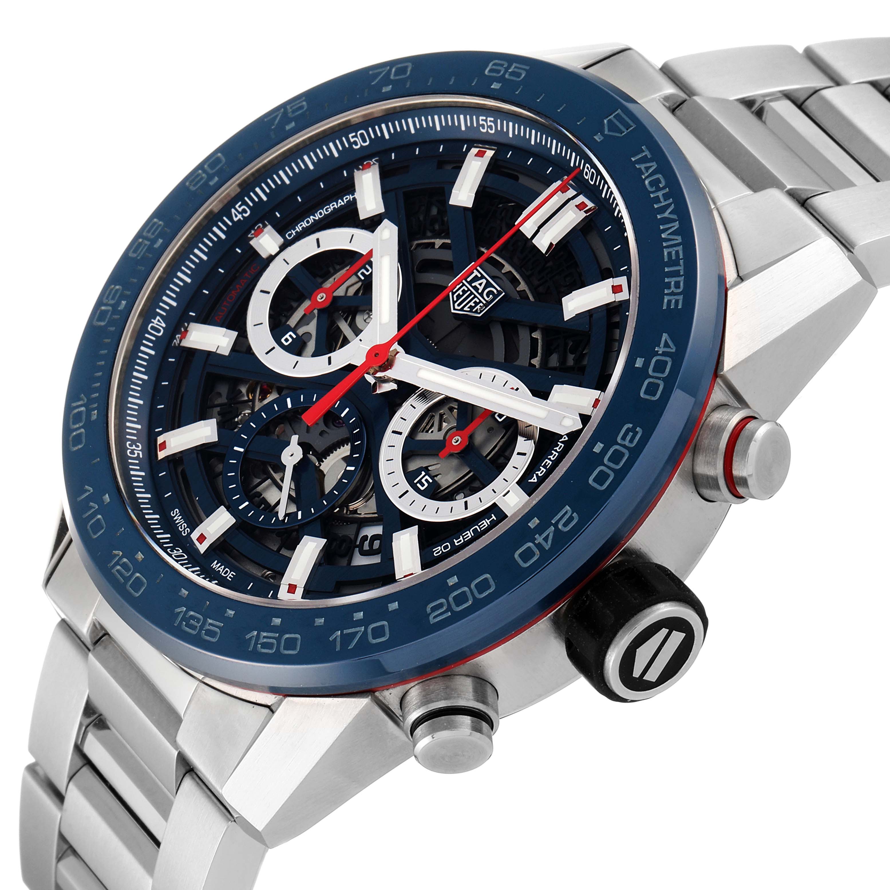 The image shows a close-up angled view of the Tag Heuer Carrera CBG2A11.FC6460 Men's Stainless Steel Blue Dial CBG2A11.FC6460 Men's Stainless Steel Blue Dial watch, highlighting the face, bezel, and side pushers.