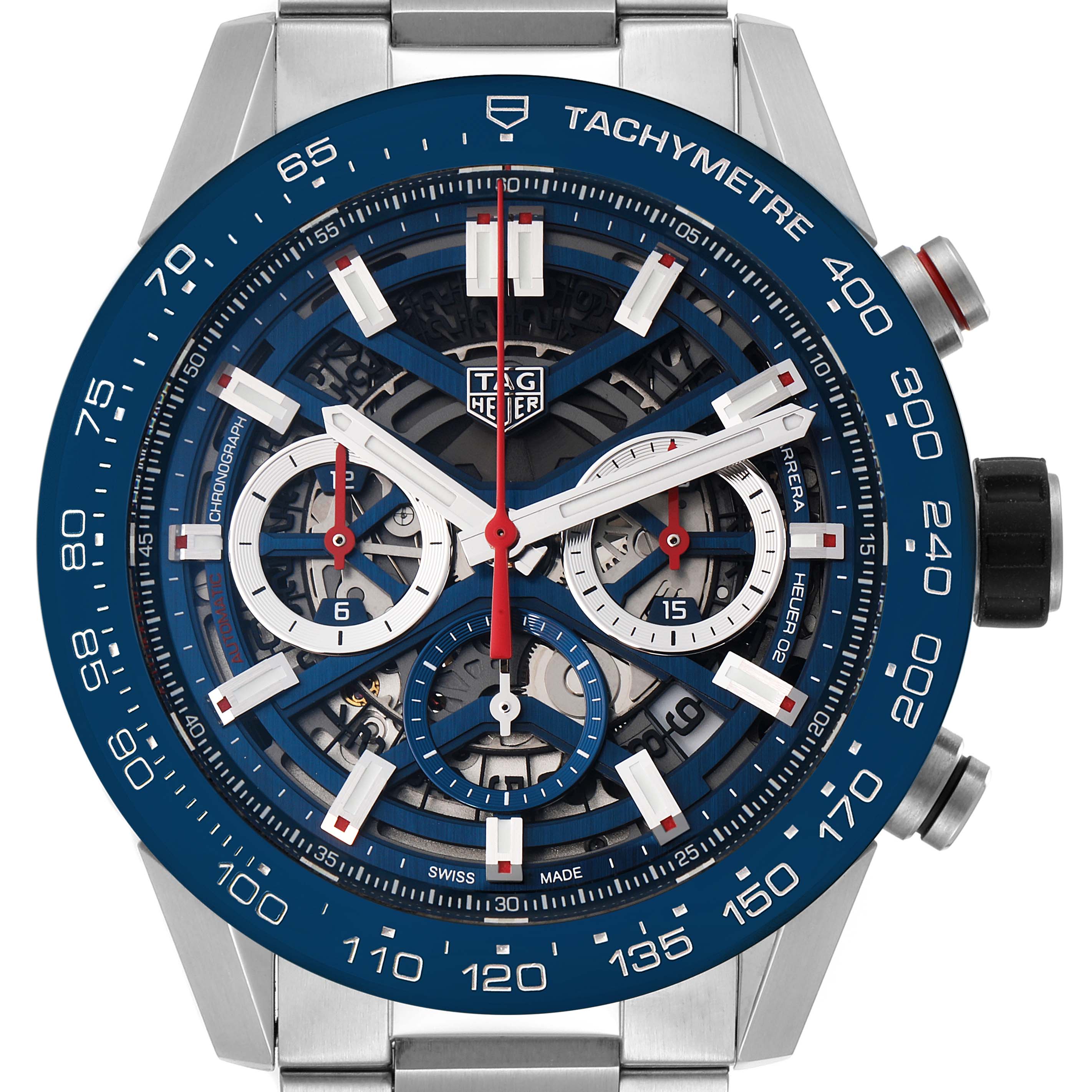 The image shows the Tag Heuer Carrera CBG2A11.FC6460 Men's Stainless Steel Blue Dial CBG2A11.FC6460 Men's Stainless Steel Blue Dial watch from a front angle, highlighting its dial, hands, subdials, and tachymeter bezel.