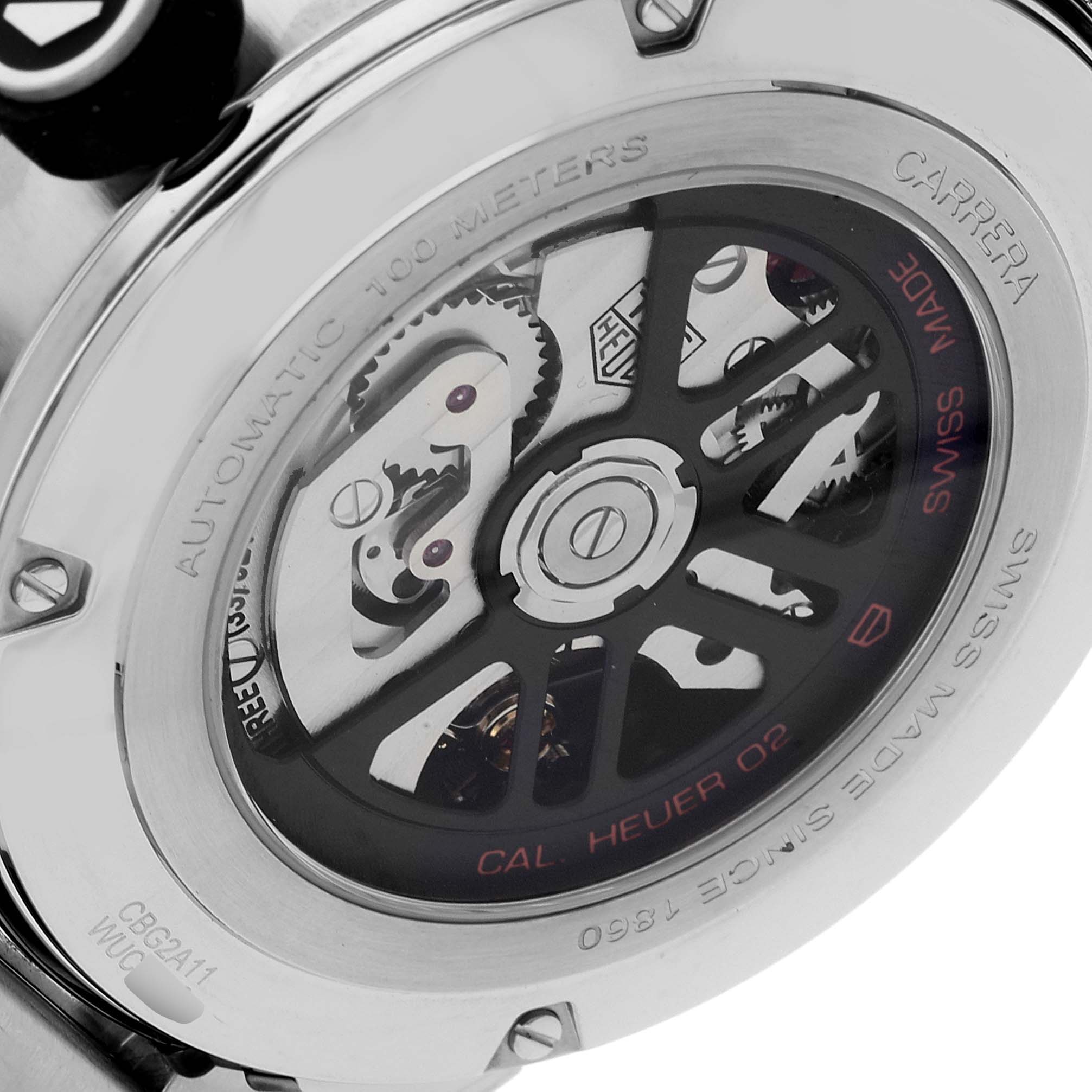 This image shows the back case and internal mechanisms of a Tag Heuer Carrera CBG2A11.FC6460 Men's Stainless Steel Blue Dial CBG2A11.FC6460 Men's Stainless Steel Blue Dial watch.