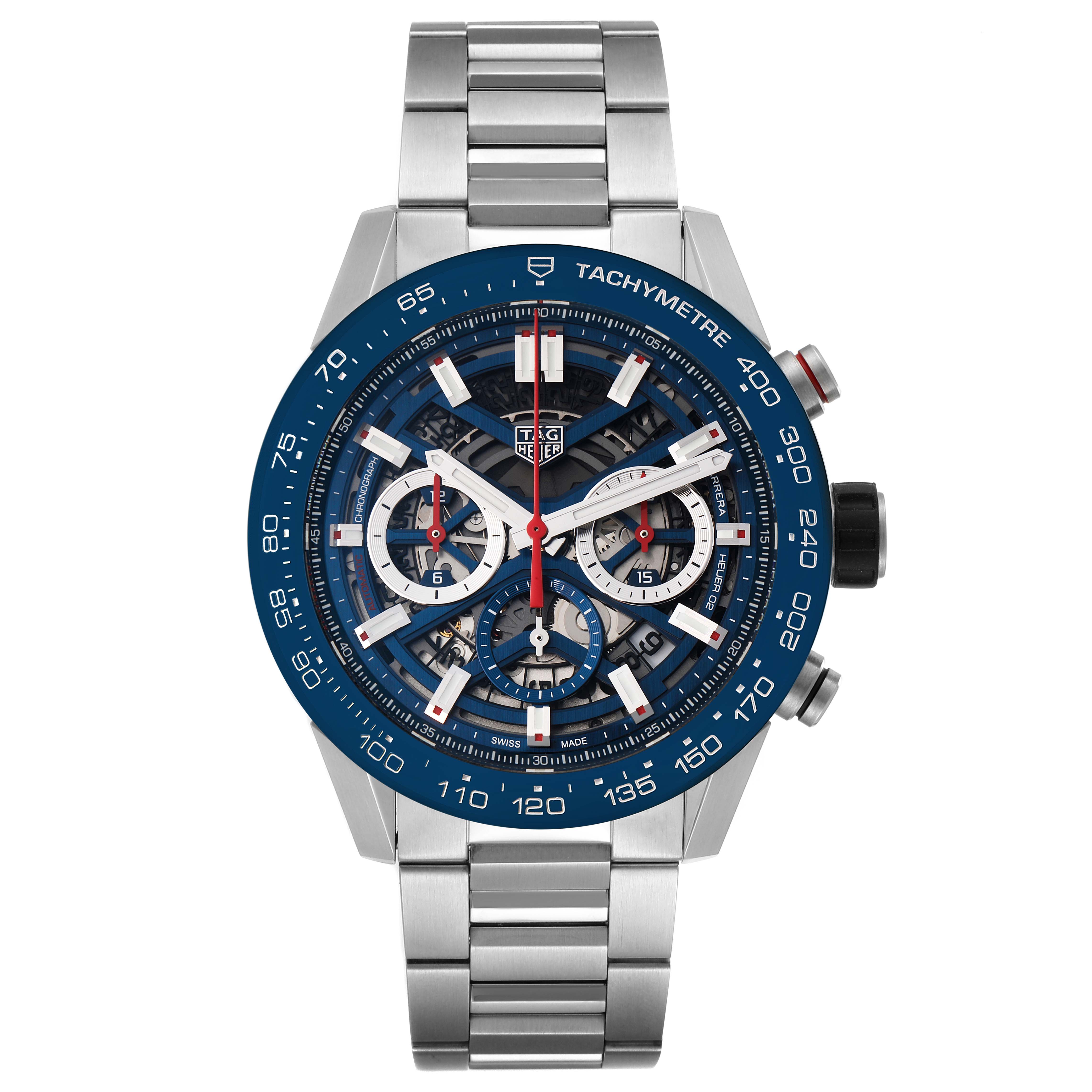 The image shows a front view of a Tag Heuer Carrera CBG2A11.FC6460 Men's Stainless Steel Blue Dial CBG2A11.FC6460 Men's Stainless Steel Blue Dial watch featuring its dial, hands, subdials, and bracelet.