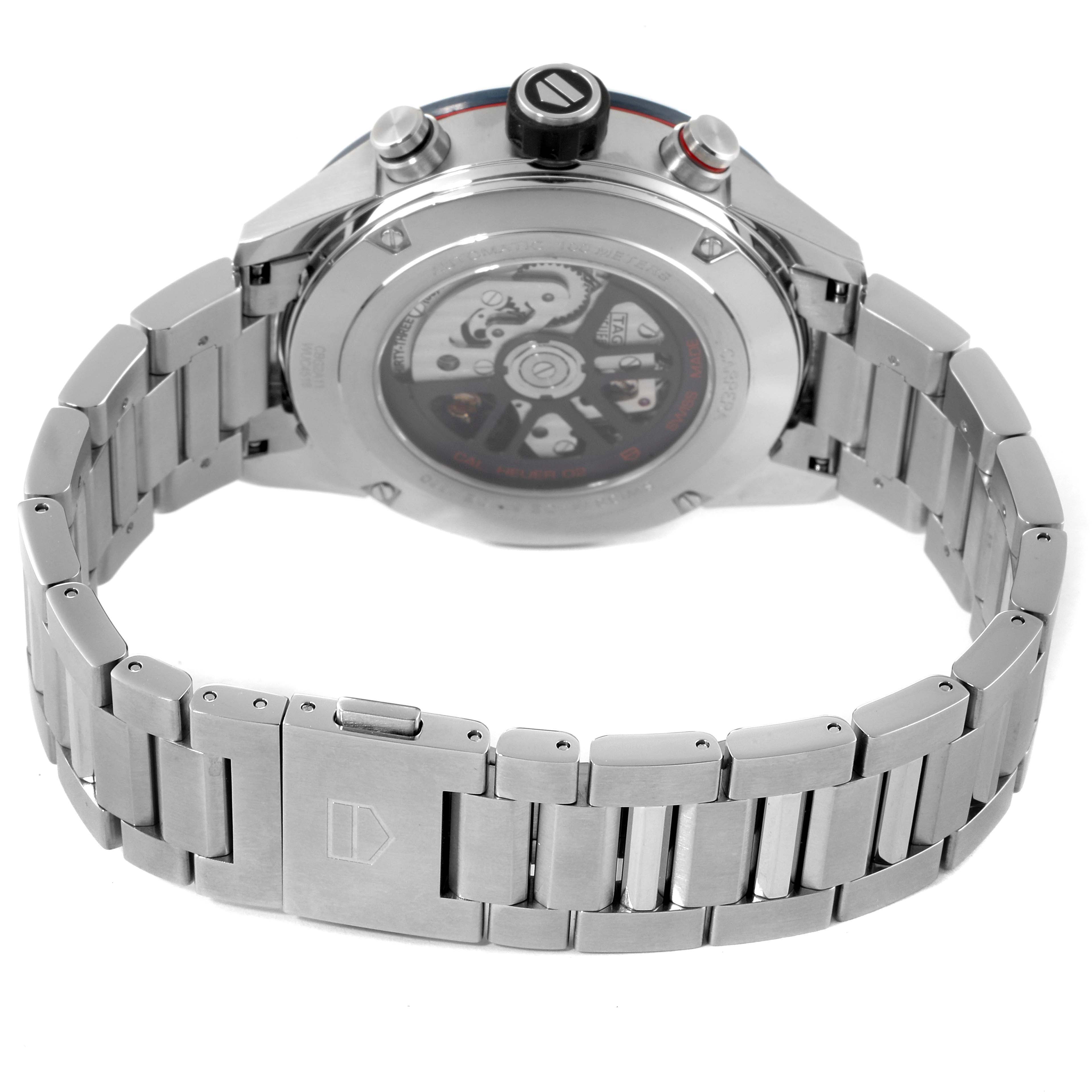 The image shows the back view and bracelet of a Tag Heuer Carrera CBG2A11.FC6460 Men's Stainless Steel Blue Dial CBG2A11.FC6460 Men's Stainless Steel Blue Dial model watch, highlighting the case back and clasp.