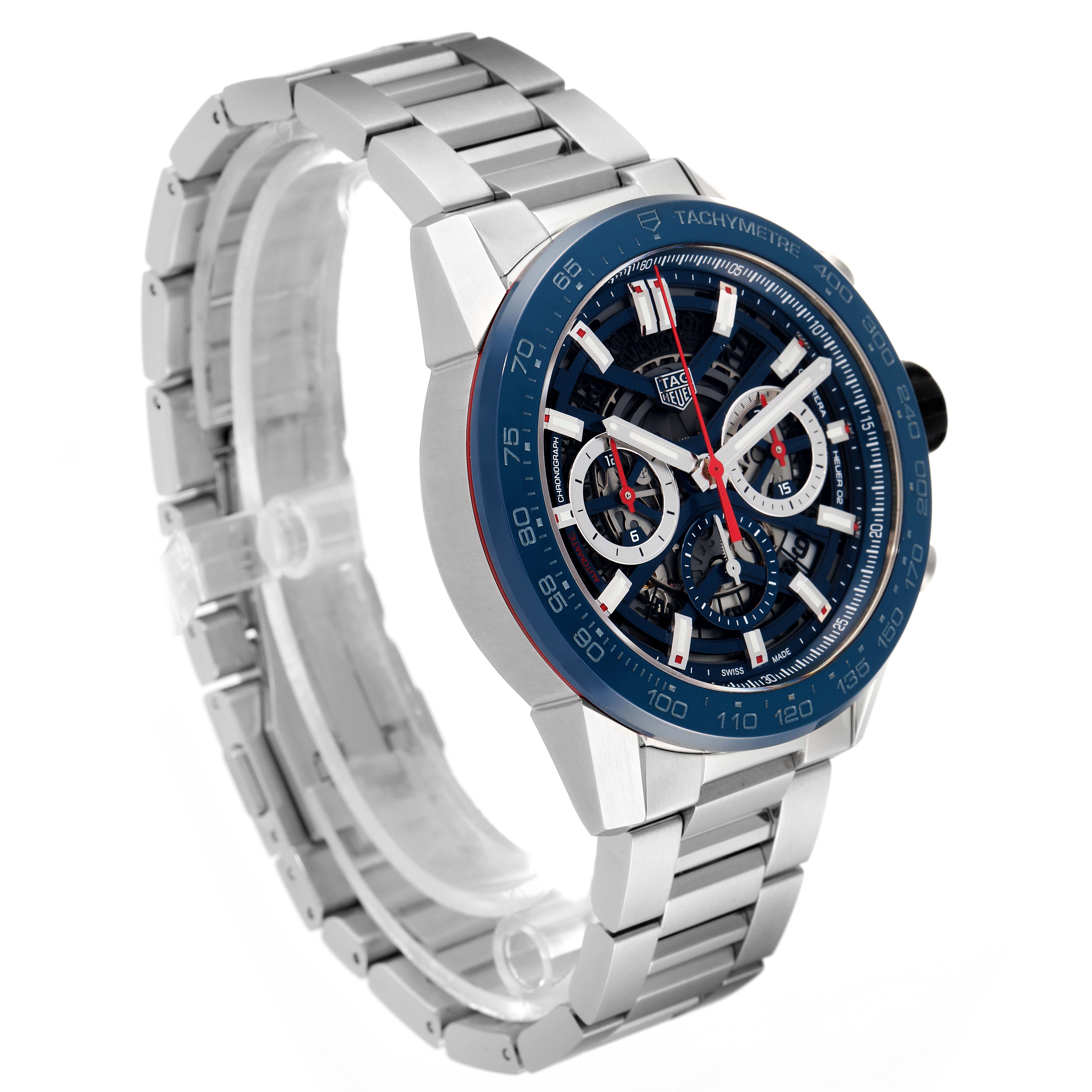 The Tag Heuer Carrera CBG2A11.FC6460 Men's Stainless Steel Blue Dial CBG2A11.FC6460 Men's Stainless Steel Blue Dial watch is shown at an angled side view, highlighting its silver band and blue tachymeter bezel.