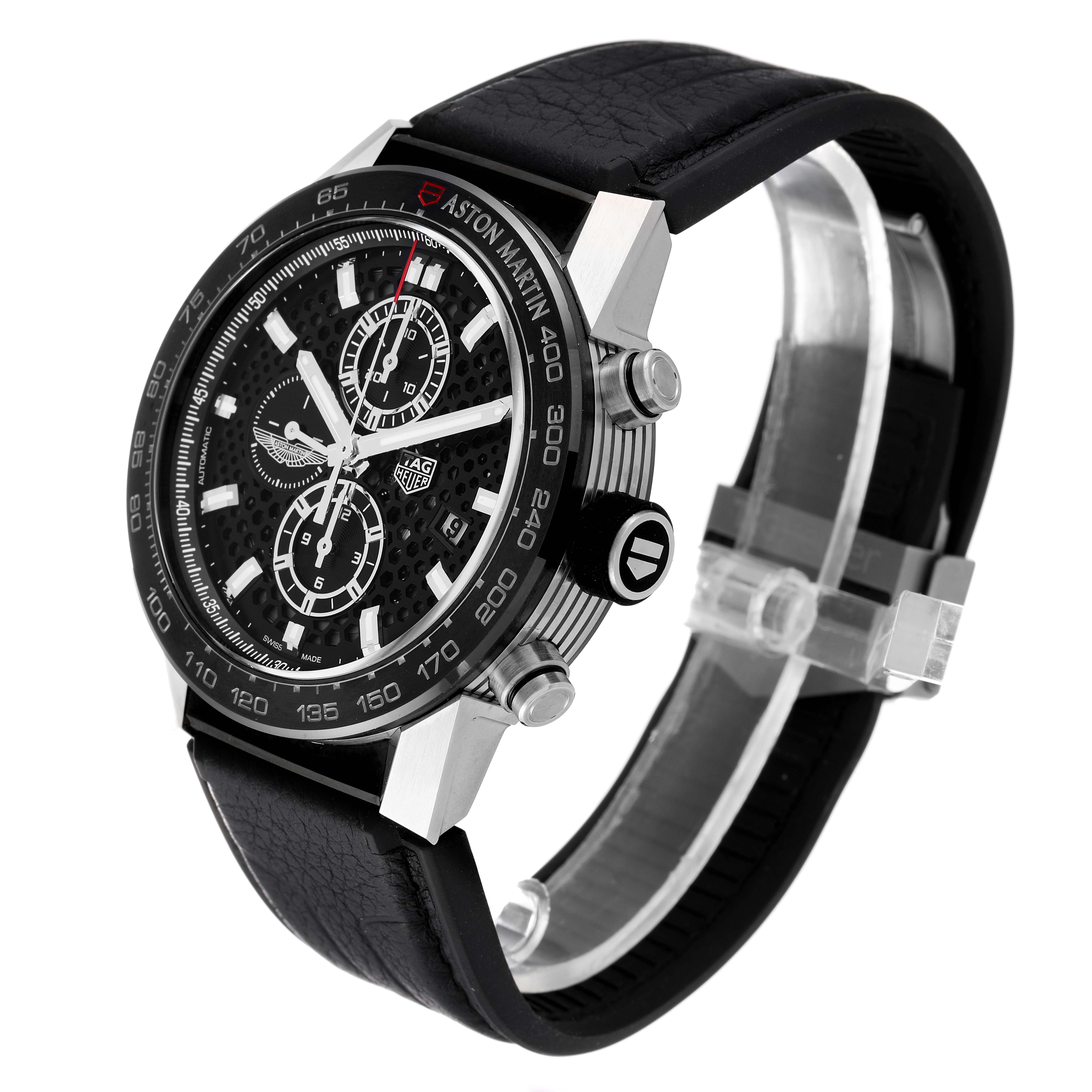 The image shows a side and front angle of the Tag Heuer Carrera CAR2A1AB.FT6163 Men's Stainless Steel Black Dial CAR2A1AB.FT6163 Men's Stainless Steel Black Dial watch, highlighting the dial, bezel, and leather strap.