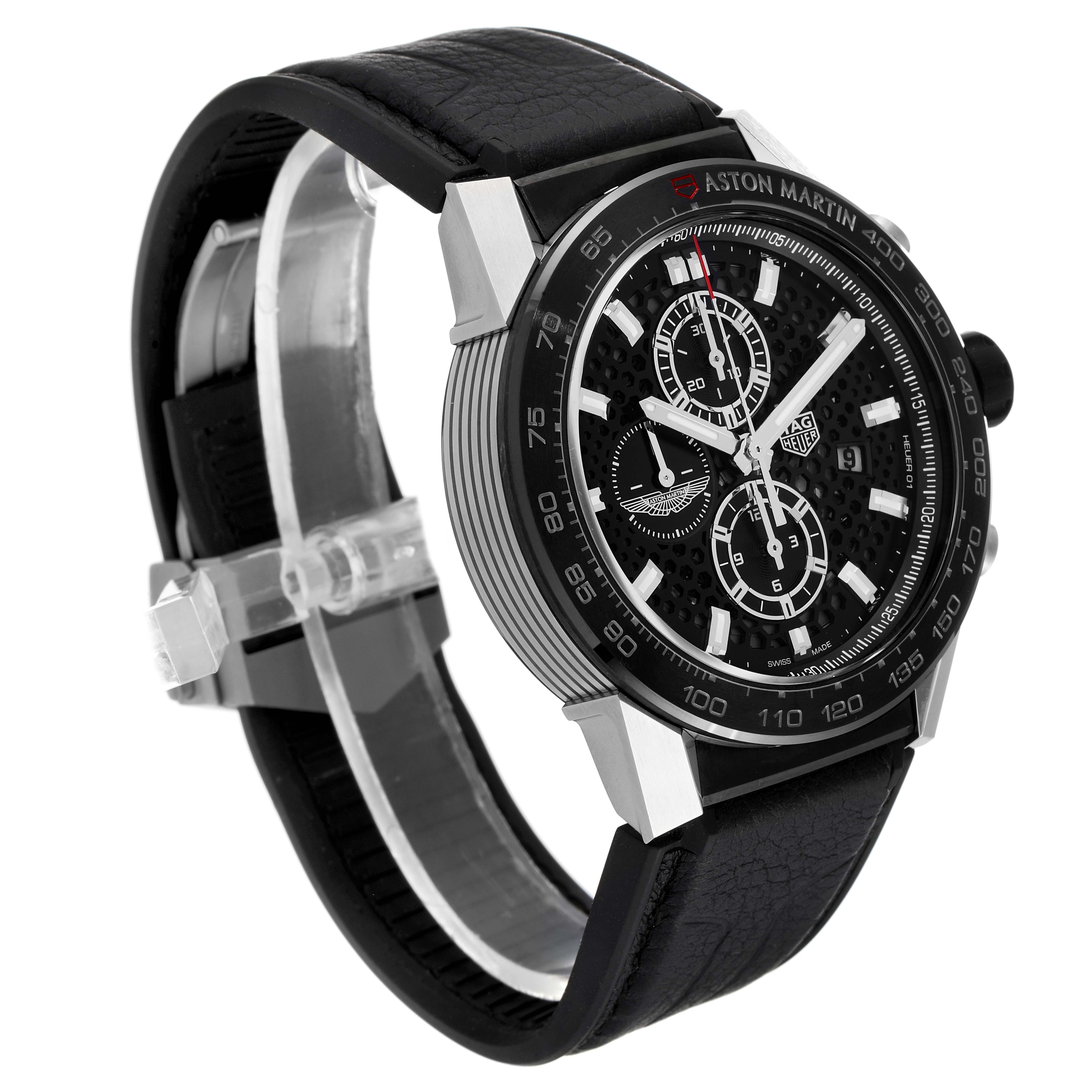 The Tag Heuer Carrera CAR2A1AB.FT6163 Men's Stainless Steel Black Dial CAR2A1AB.FT6163 Men's Stainless Steel Black Dial watch is shown at a three-quarter angle, highlighting the face, bezel, and black leather strap.