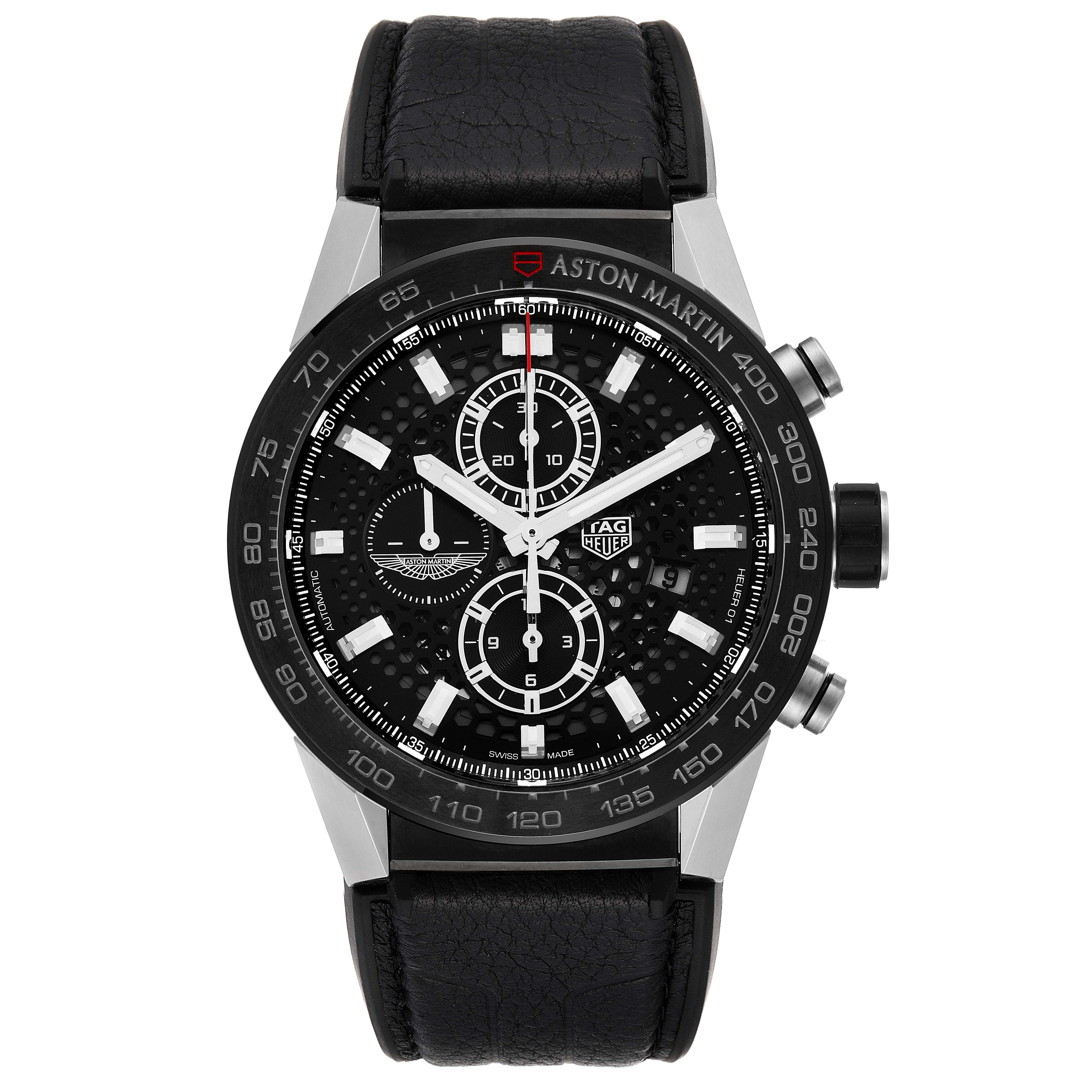 This image shows the front view of a Tag Heuer Carrera CAR2A1AB.FT6163 Men's Stainless Steel Black Dial CAR2A1AB.FT6163 Men's Stainless Steel Black Dial watch with a black dial, chronograph subdials, and a black leather strap.