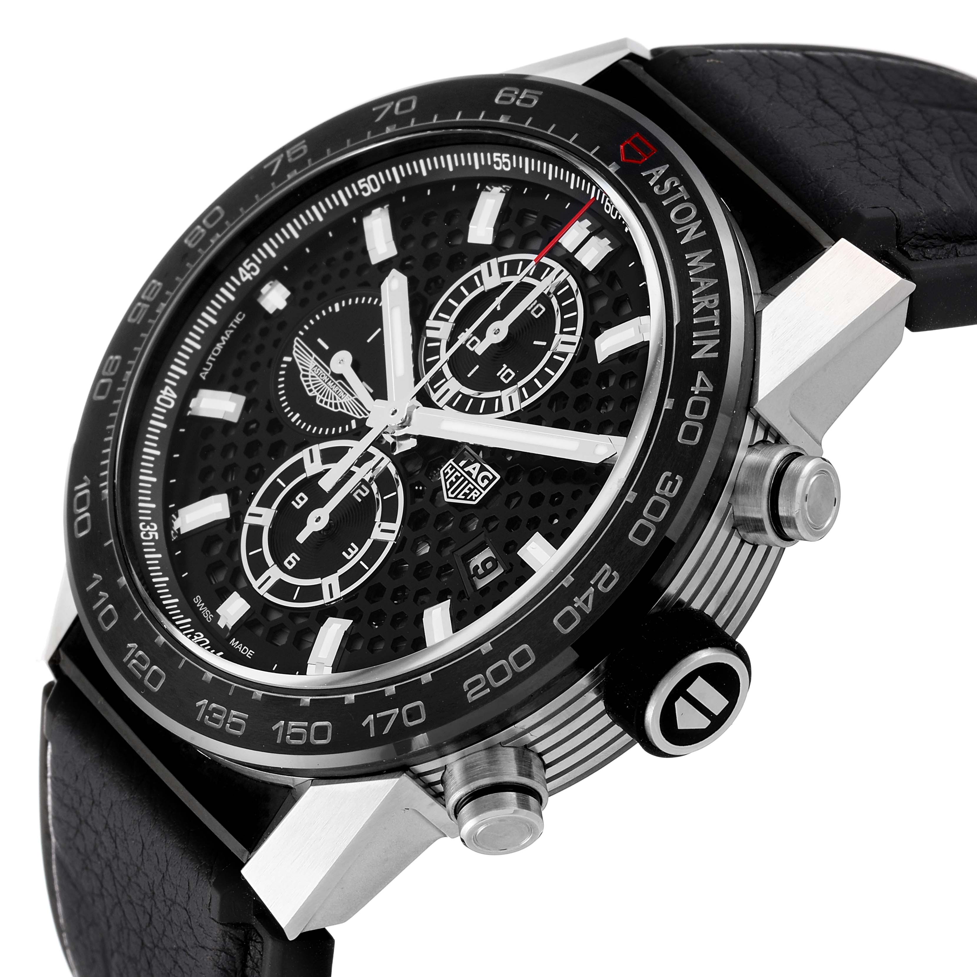 This image shows the face and right side of a Tag Heuer Carrera CAR2A1AB.FT6163 Men's Stainless Steel Black Dial CAR2A1AB.FT6163 Men's Stainless Steel Black Dial watch, highlighting the bezel, subdials, and crown.