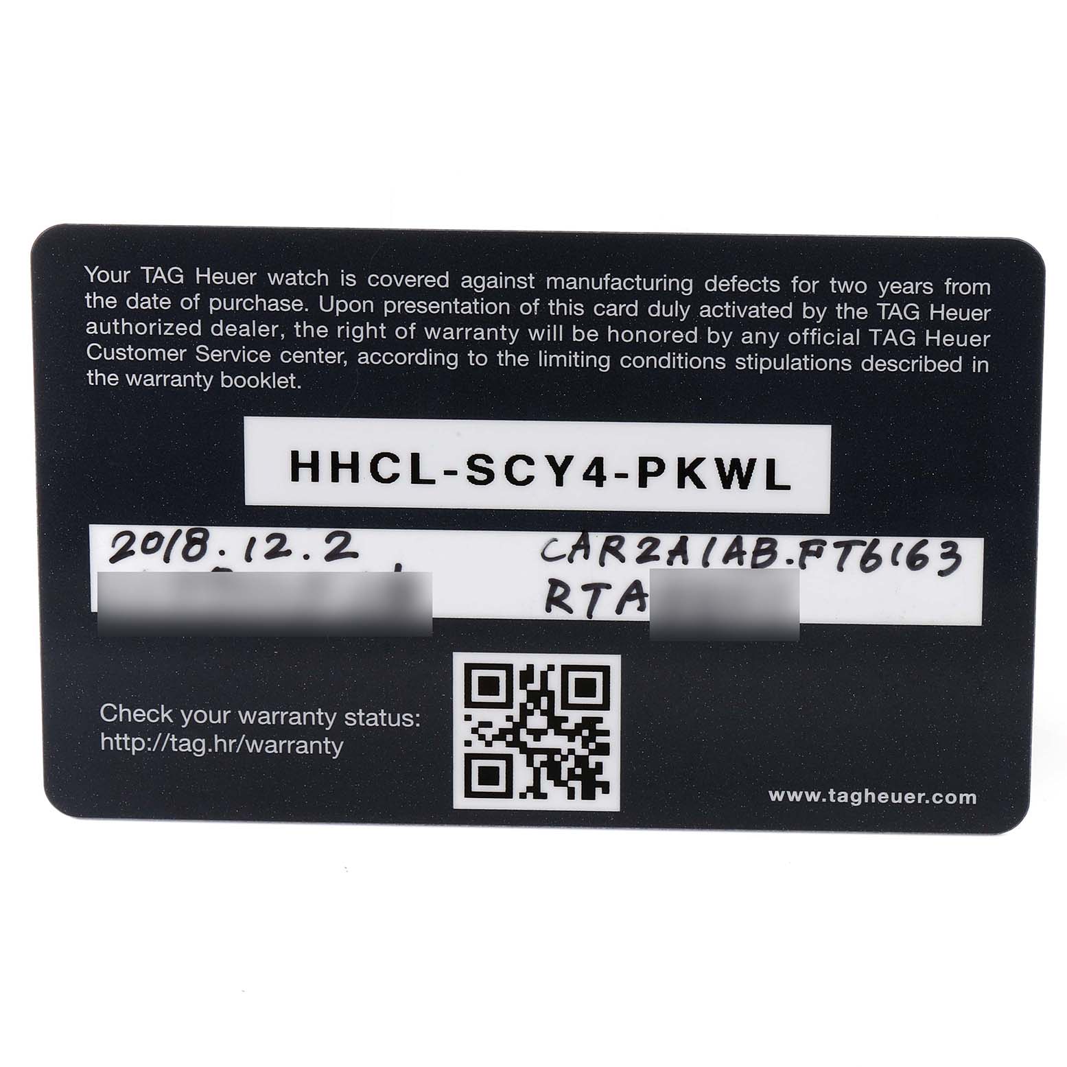 The image shows the warranty card associated with the Tag Heuer Carrera CAR2A1AB.FT6163 Men's Stainless Steel Black Dial CAR2A1AB.FT6163 Men's Stainless Steel Black Dial watch model.