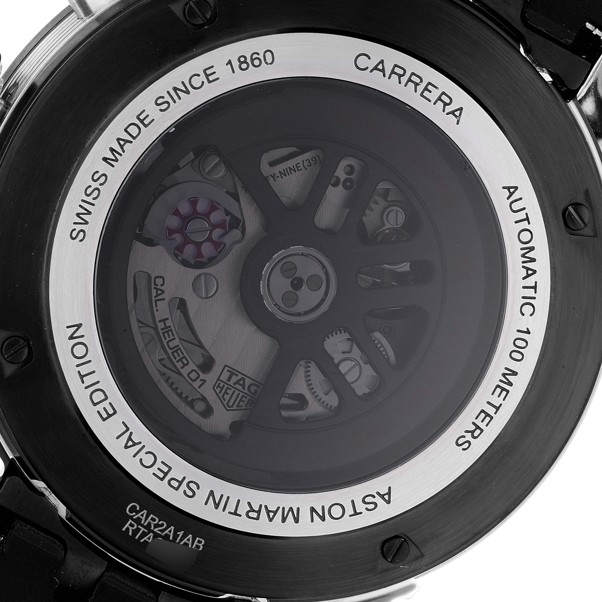The image shows the back of a Tag Heuer Carrera CAR2A1AB.FT6163 Men's Stainless Steel Black Dial CAR2A1AB.FT6163 Men's Stainless Steel Black Dial Aston Martin Special Edition watch, highlighting its movement.