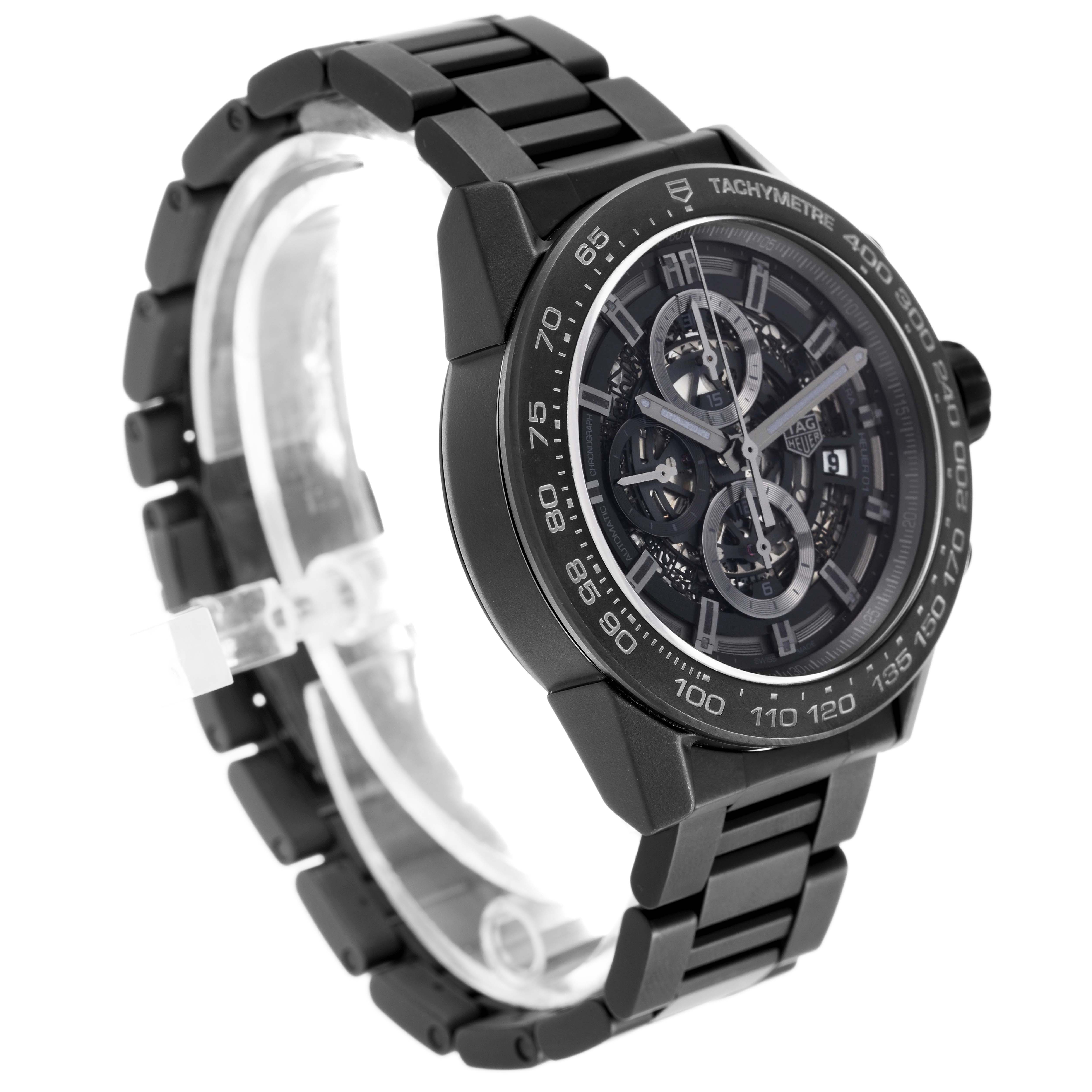 The Tag Heuer Carrera CAR2A91.BH0742 Men's Ceramic Black Dial watch is shown at an angled side view, highlighting the face, tachymeter bezel, and black bracelet.