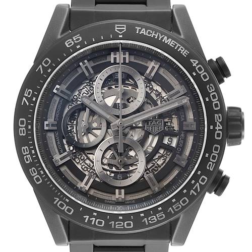 The Tag Heuer Carrera CAR2A91.BH0742 Men's Ceramic Black Dial watch is shown from a front angle, highlighting its skeleton dial and tachymeter bezel.