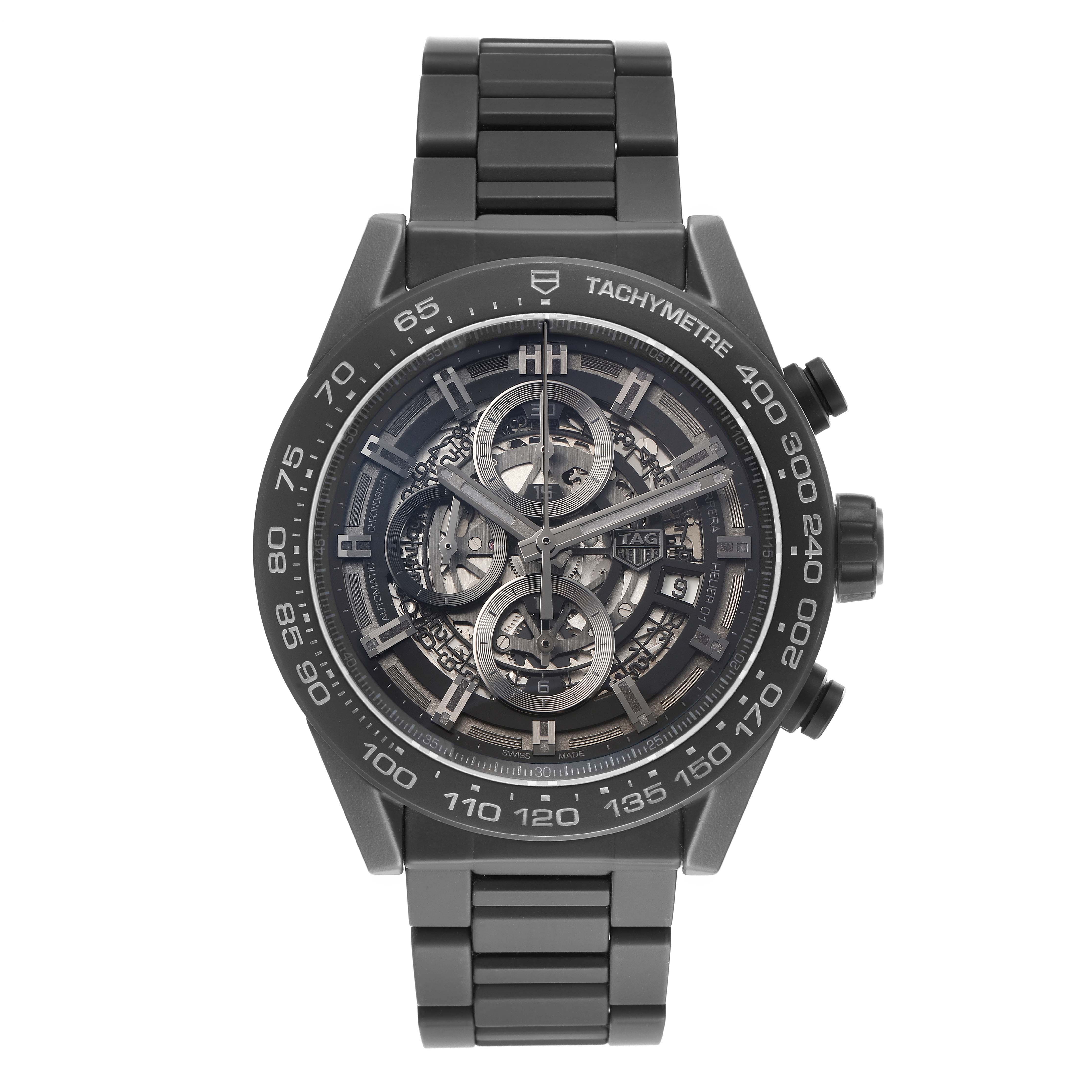 This image shows a frontal view of a Tag Heuer Carrera CAR2A91.BH0742 Men's Ceramic Black Dial watch, displaying the full face, bezel, and bracelet.