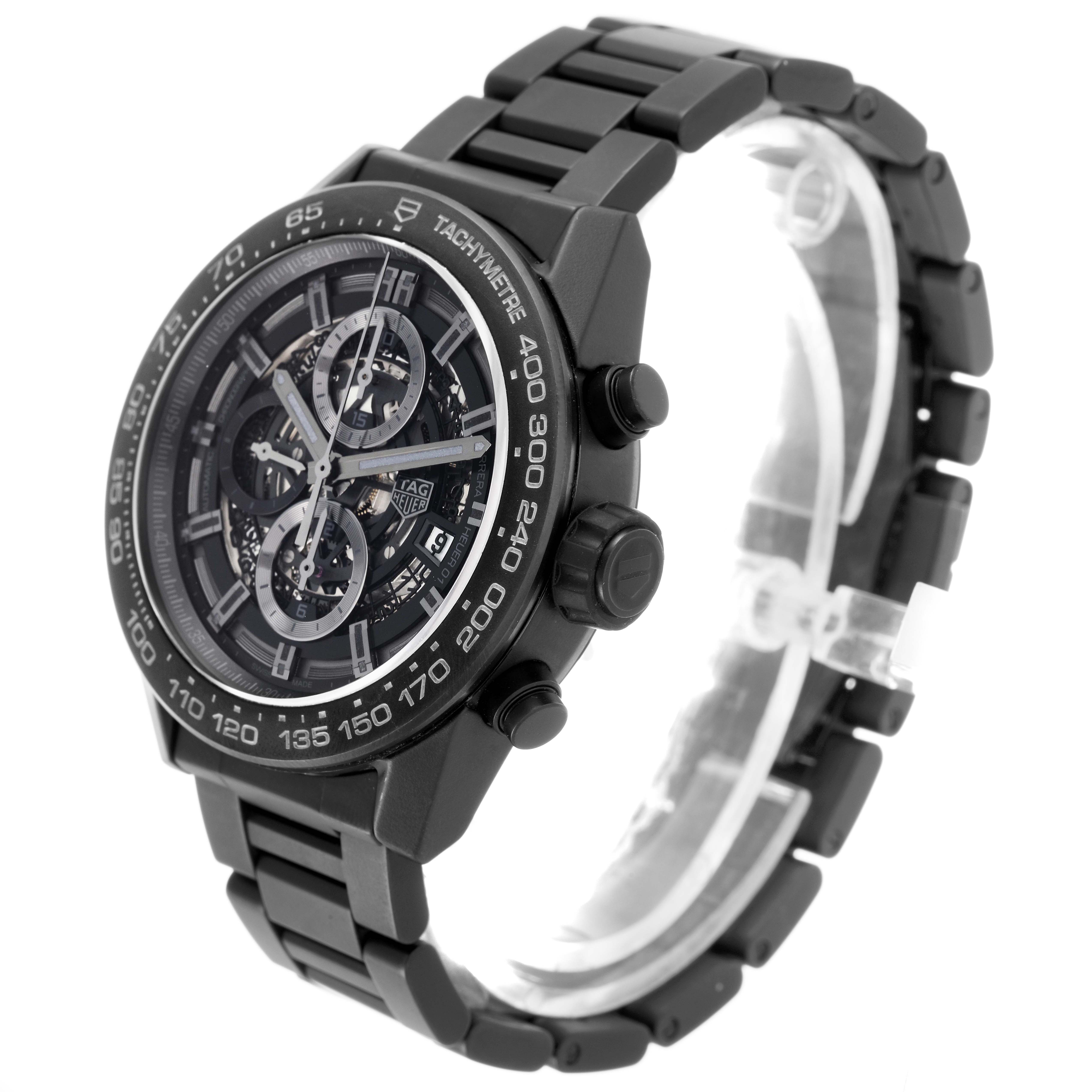 The Tag Heuer Carrera CAR2A91.BH0742 Men's Ceramic Black Dial watch is shown at a three-quarter angle, displaying its face, bezel, and part of the bracelet.