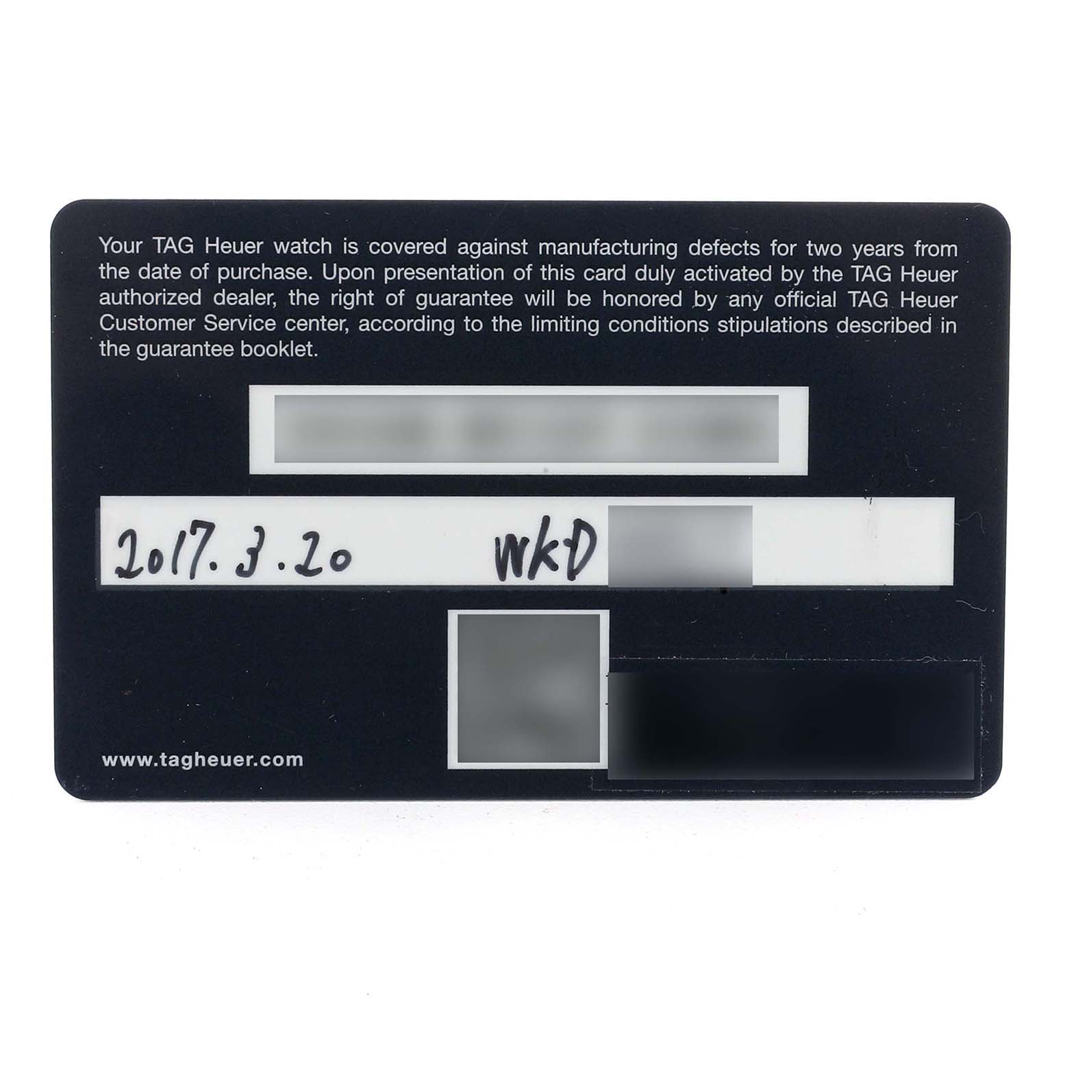 This image shows the warranty card for a Tag Heuer Carrera CAR2A91.BH0742 Men's Ceramic Black Dial watch, displaying information and purchase details.