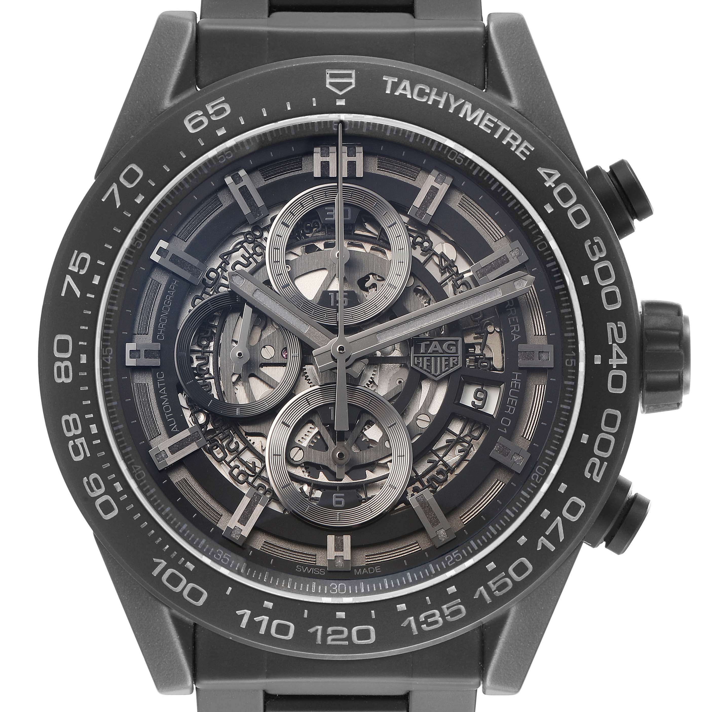 The Tag Heuer Carrera CAR2A91.BH0742 Men's Ceramic Black Dial watch is shown from the front, highlighting its skeleton dial and tachymeter bezel.