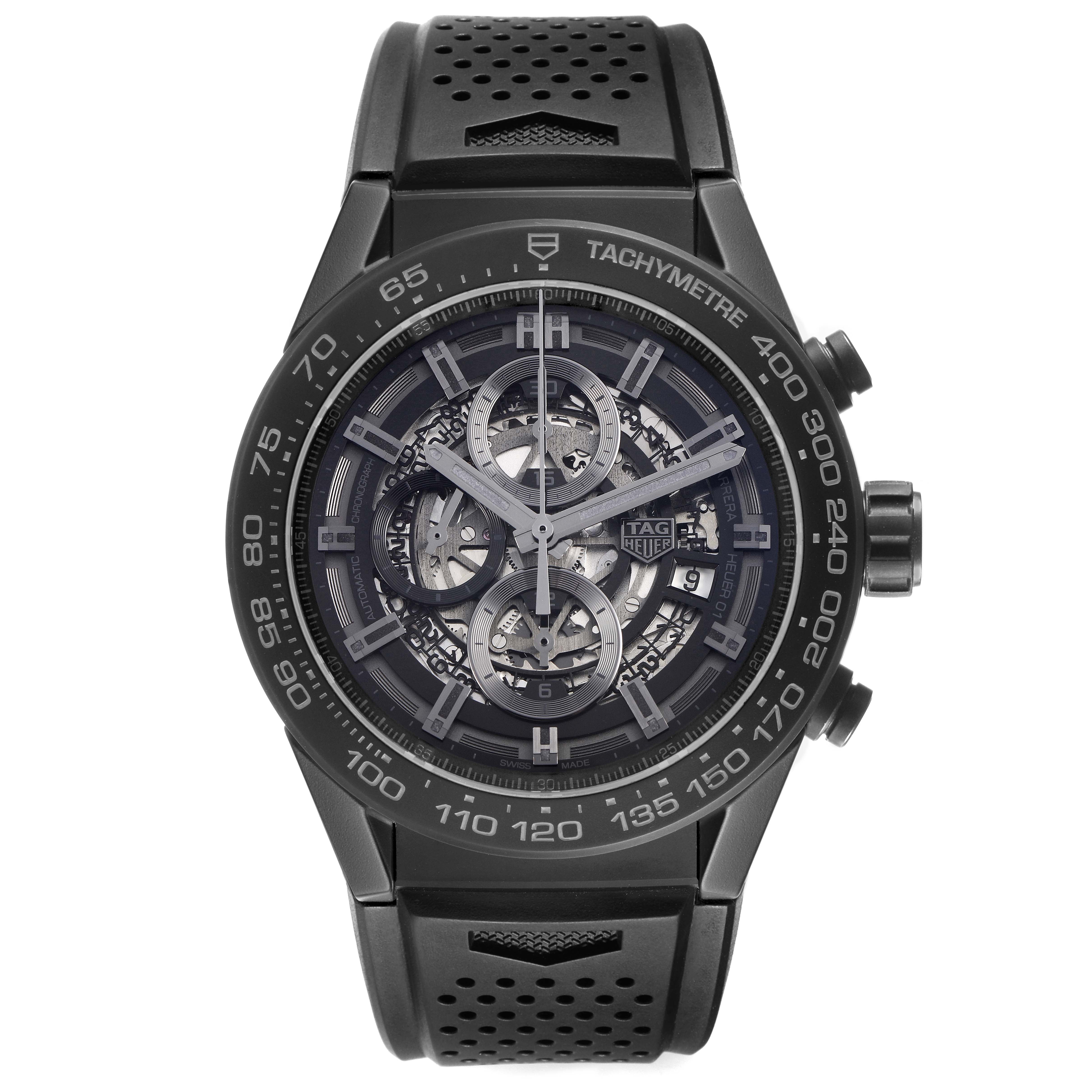 The Tag Heuer Carrera CAR2A91.BH0742 Men's Ceramic Black Dial watch is shown from the front, displaying its skeleton dial, tachymetric bezel, and perforated strap.