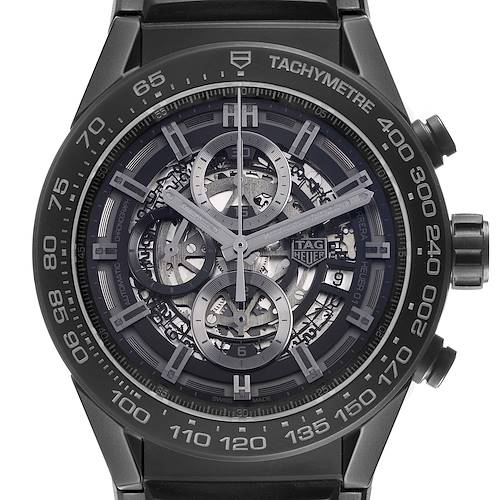 The Tag Heuer Carrera CAR2A91.BH0742 Men's Ceramic Black Dial watch is shown from a front angle, featuring its intricate dial and tachymeter bezel.