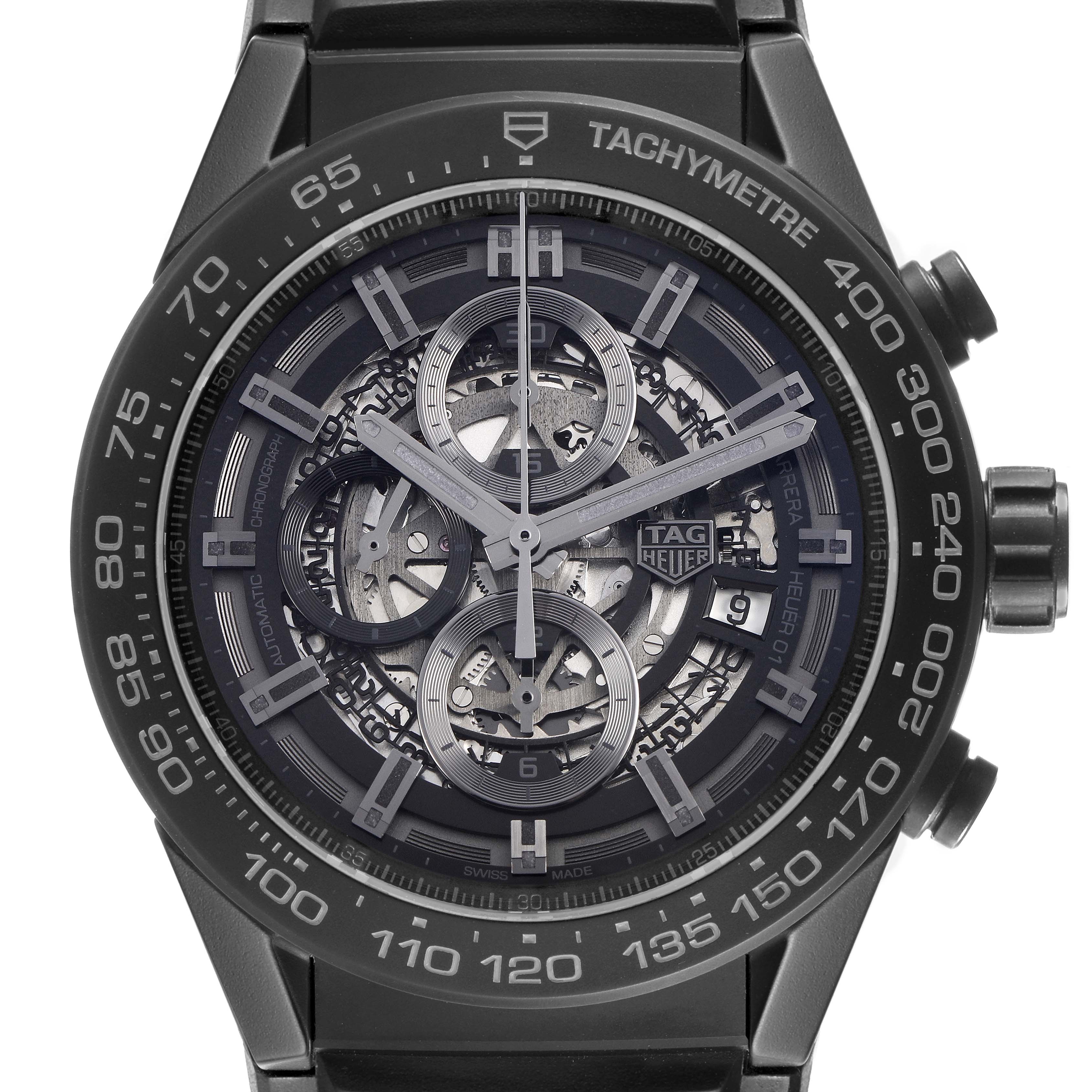 The Tag Heuer Carrera CAR2A91.BH0742 Men's Ceramic Black Dial watch is shown from the front, highlighting its tachymeter bezel and skeleton dial.