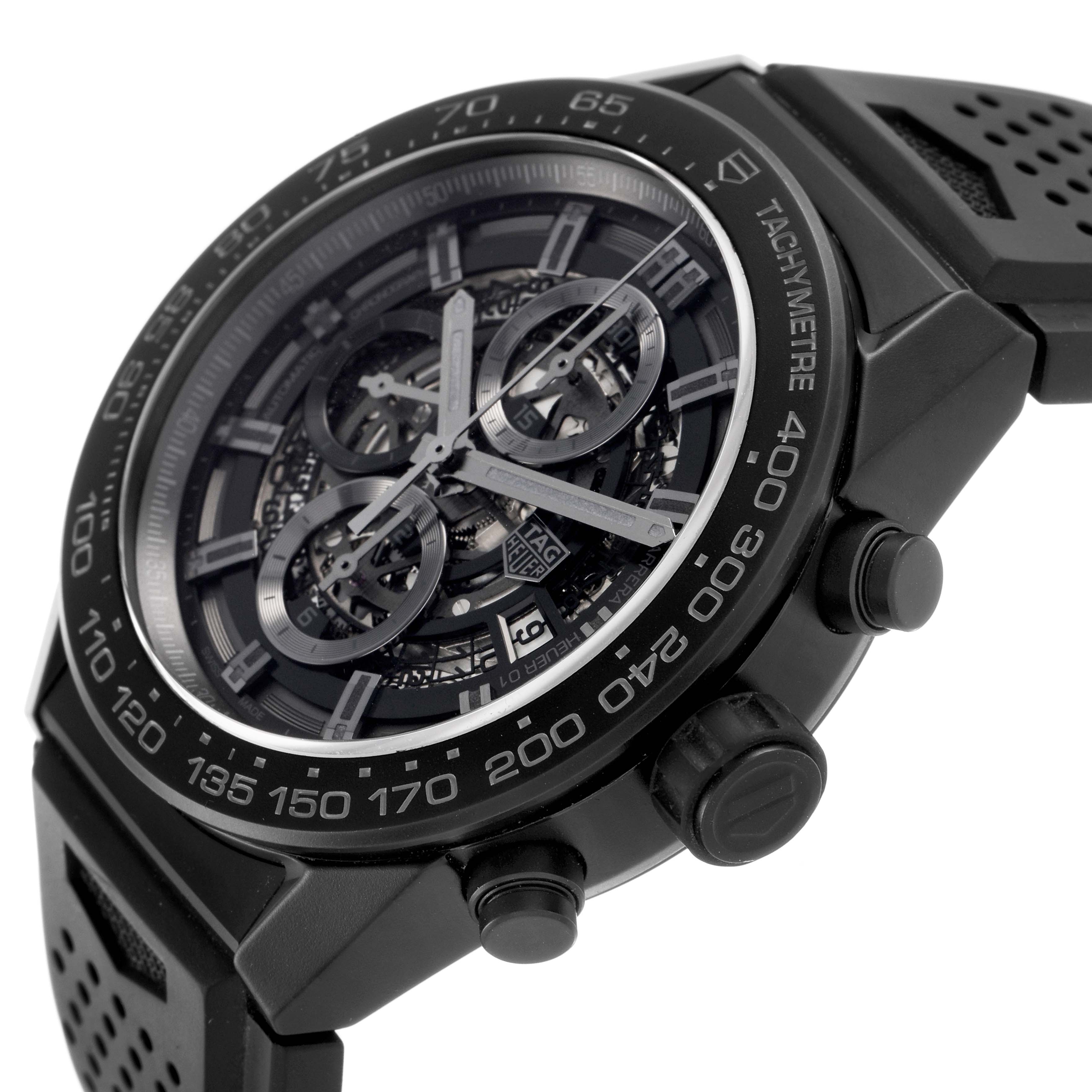 The Tag Heuer Carrera CAR2A91.BH0742 Men's Ceramic Black Dial watch is shown at an angle highlighting the face, tachymeter bezel, pushers, and part of the strap.