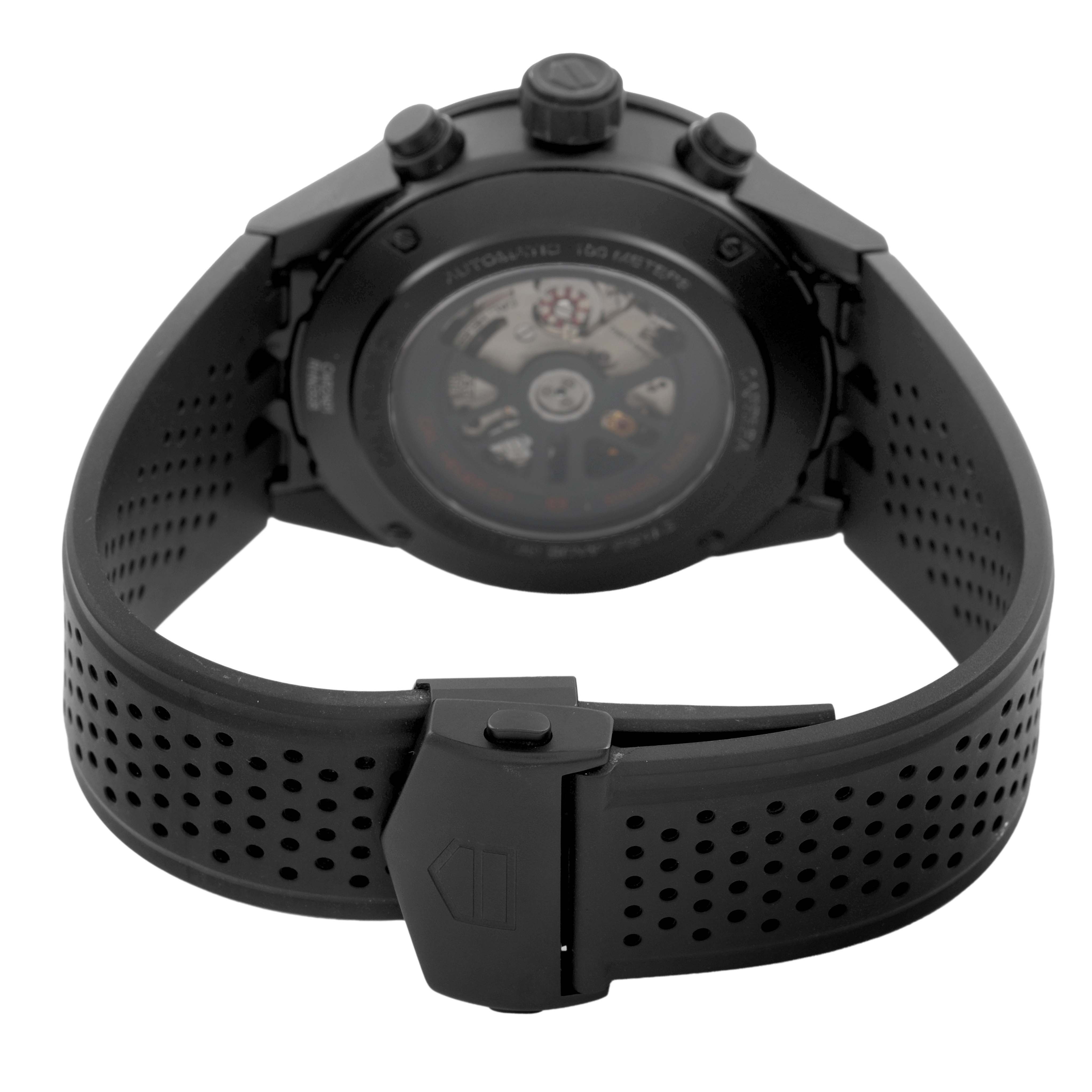 The image shows the back view of the Tag Heuer Carrera CAR2A91.BH0742 Men's Ceramic Black Dial watch, highlighting the case back and perforated strap.