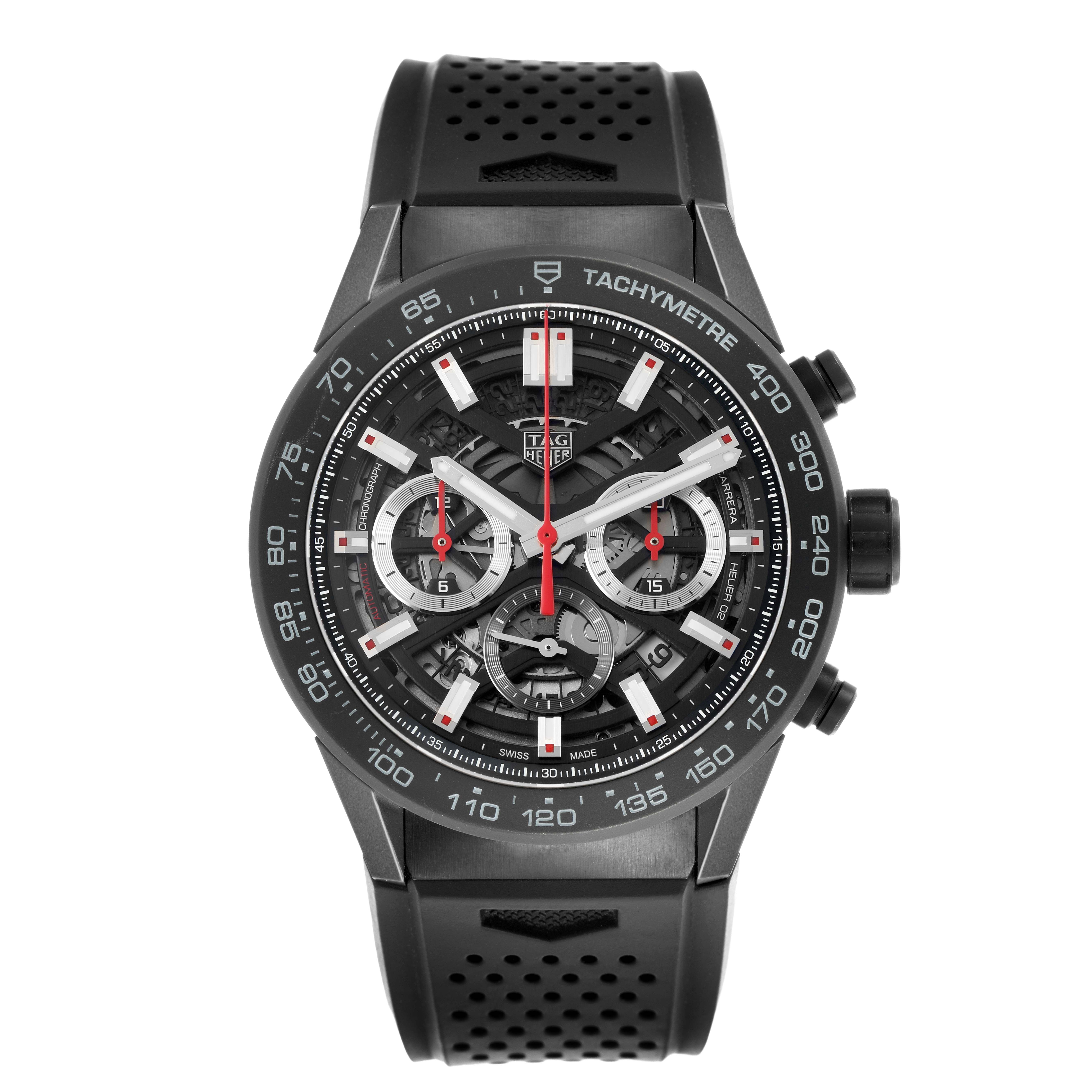 The Tag Heuer Carrera CBG2A90.BH0653 Men's Ceramic Transparent Dial watch is shown from the front, displaying the dial, tachymeter, and perforated strap.