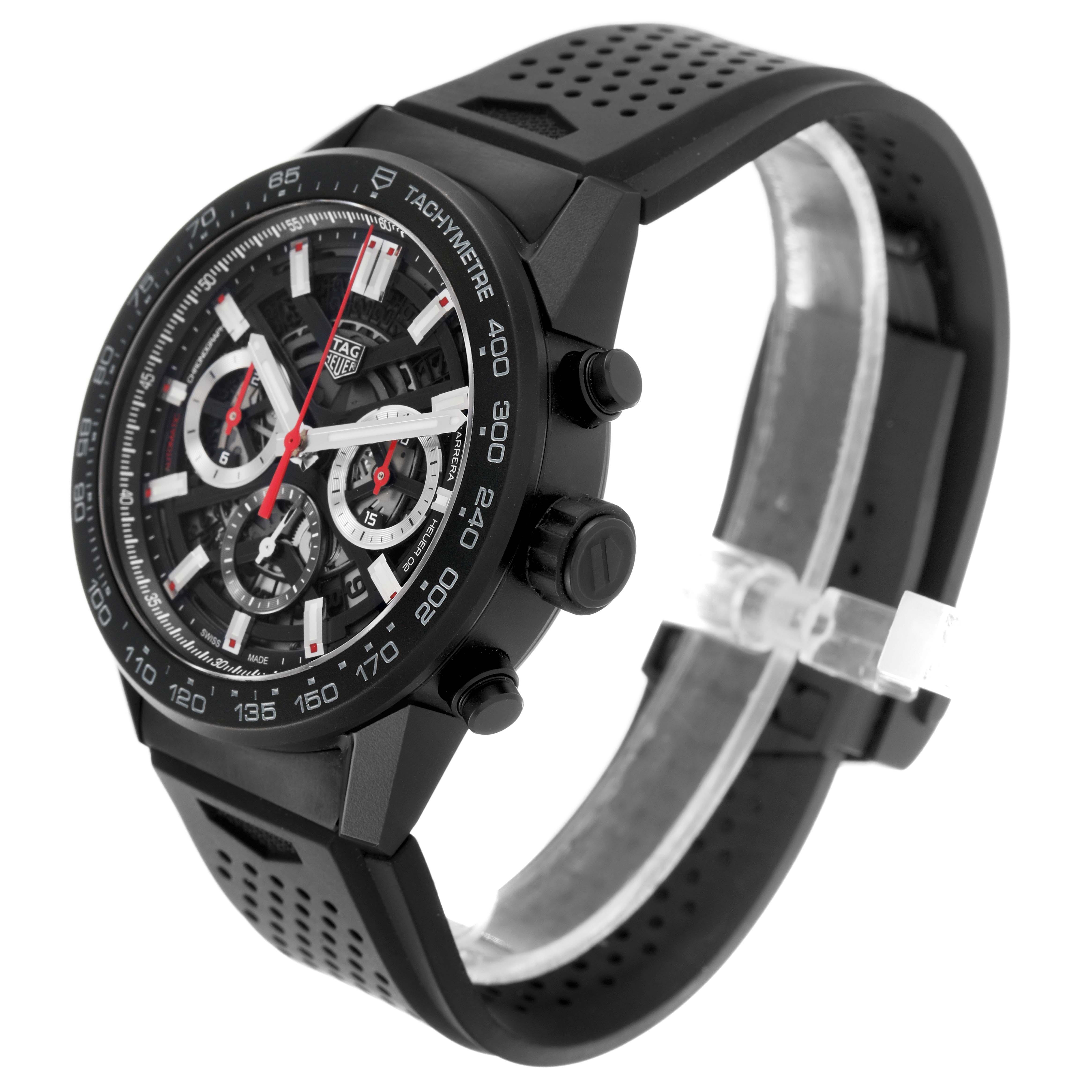 The Tag Heuer Carrera CBG2A90.BH0653 Men's Ceramic Transparent Dial watch is shown at a slight side angle, displaying the face, bezel, and perforated strap.