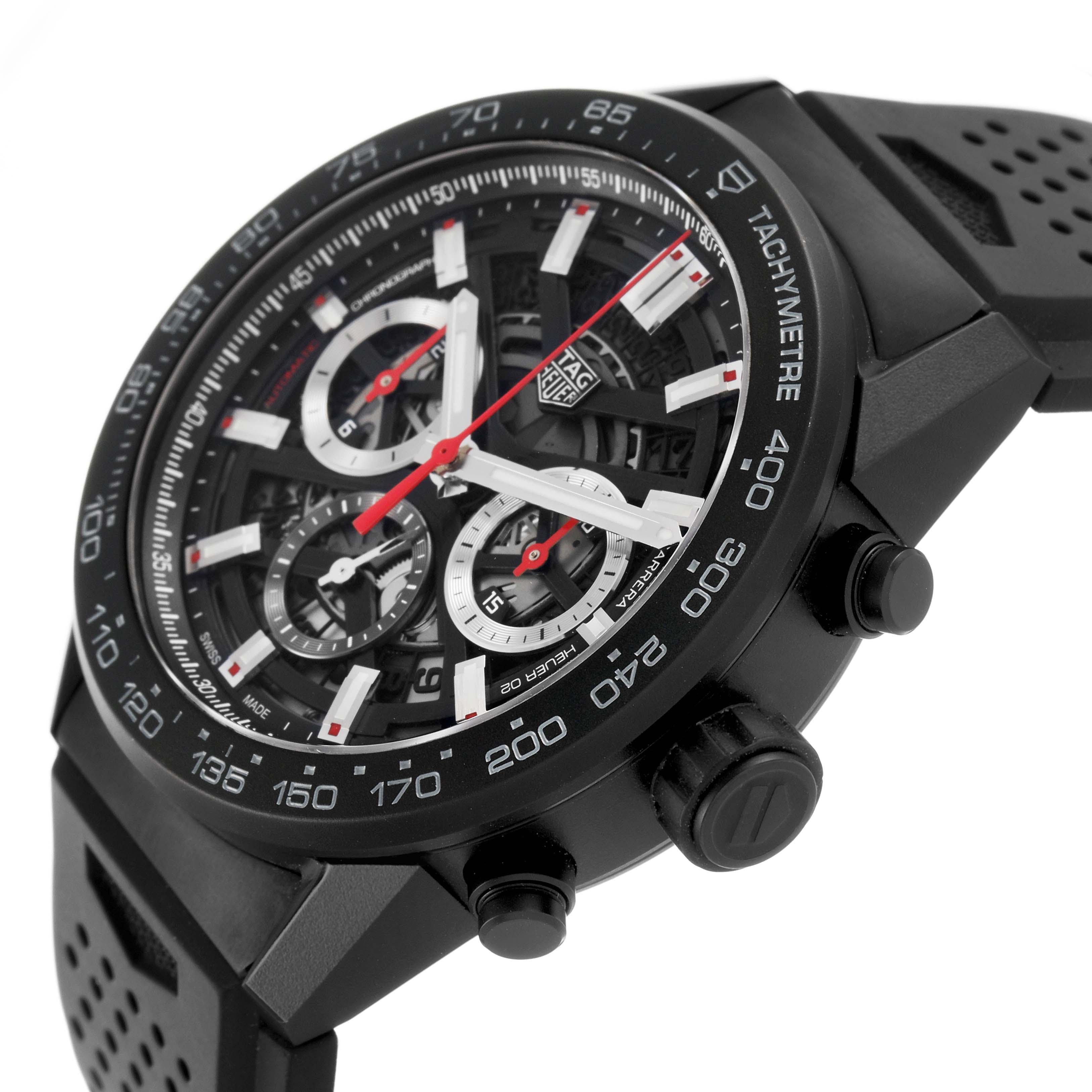 The image shows a side angle of the Tag Heuer Carrera CBG2A90.BH0653 Men's Ceramic Transparent Dial watch, highlighting the bezel, sub-dials, and pushers.