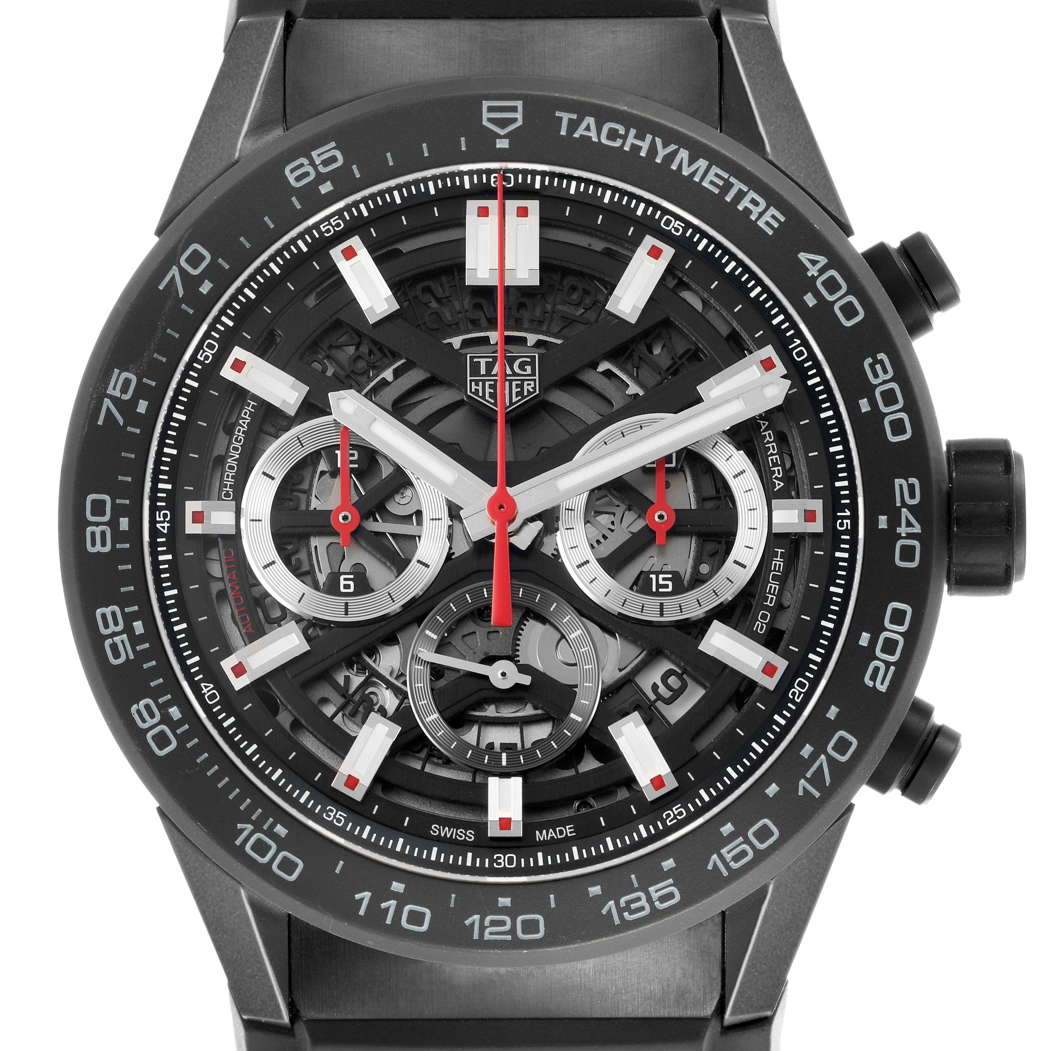 The Tag Heuer Carrera CBG2A90.BH0653 Men's Ceramic Transparent Dial watch is shown from a front angle, highlighting its tachymeter bezel and skeleton dial design.