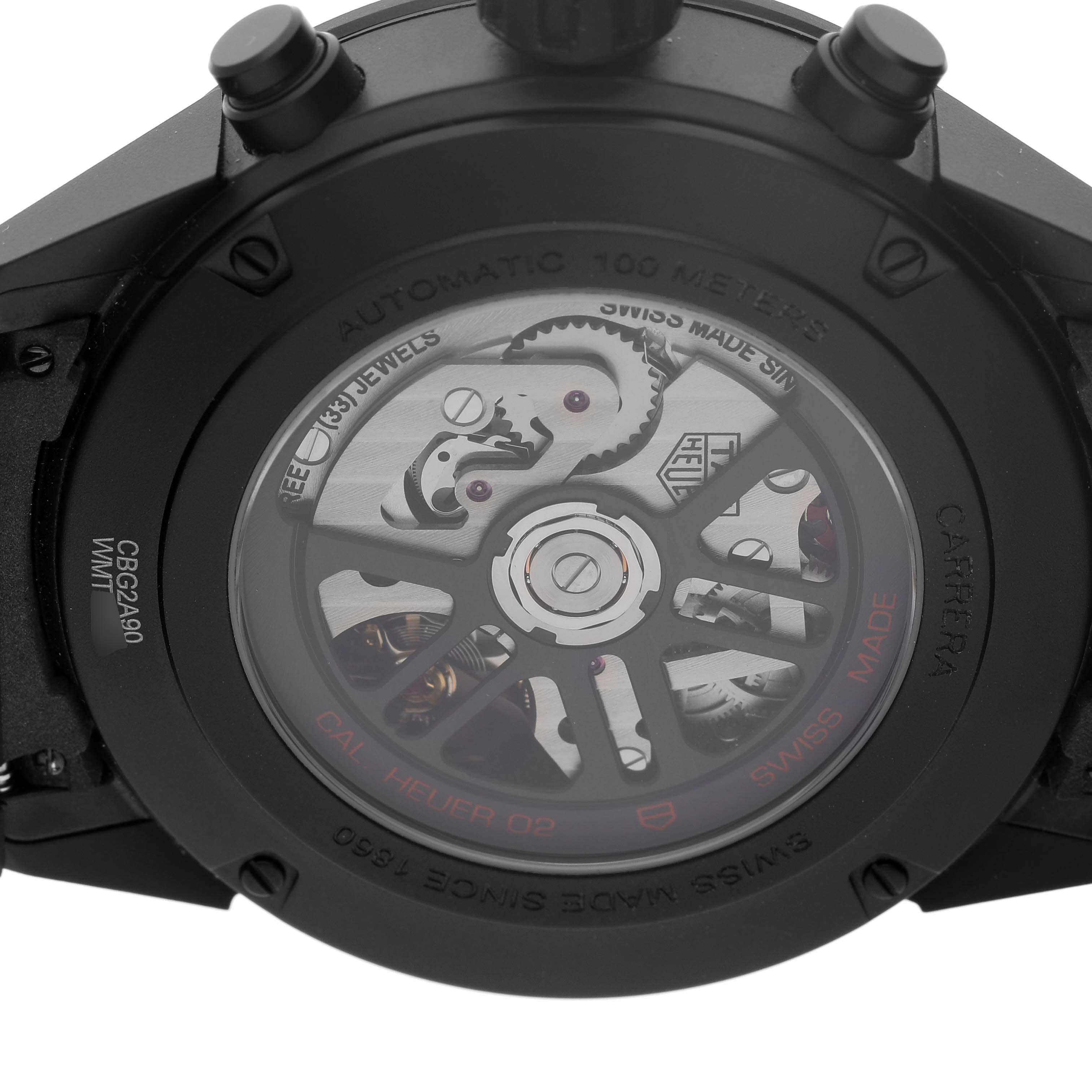 The image shows the back of the Tag Heuer Carrera CBG2A90.BH0653 Men's Ceramic Transparent Dial watch, focusing on the visible automatic movement.