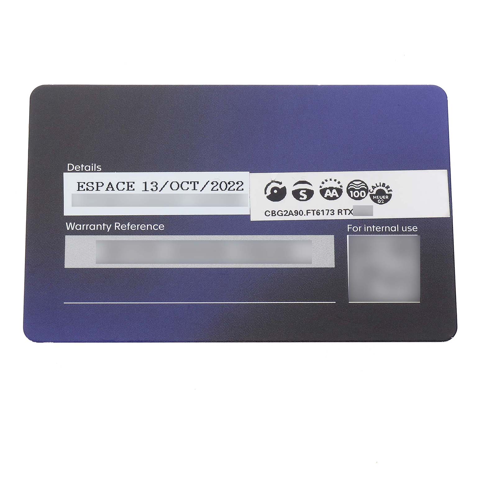 The image shows a warranty card for a Tag Heuer Carrera CBG2A90.BH0653 Men's Ceramic Black Dial watch, featuring details and warranty information.