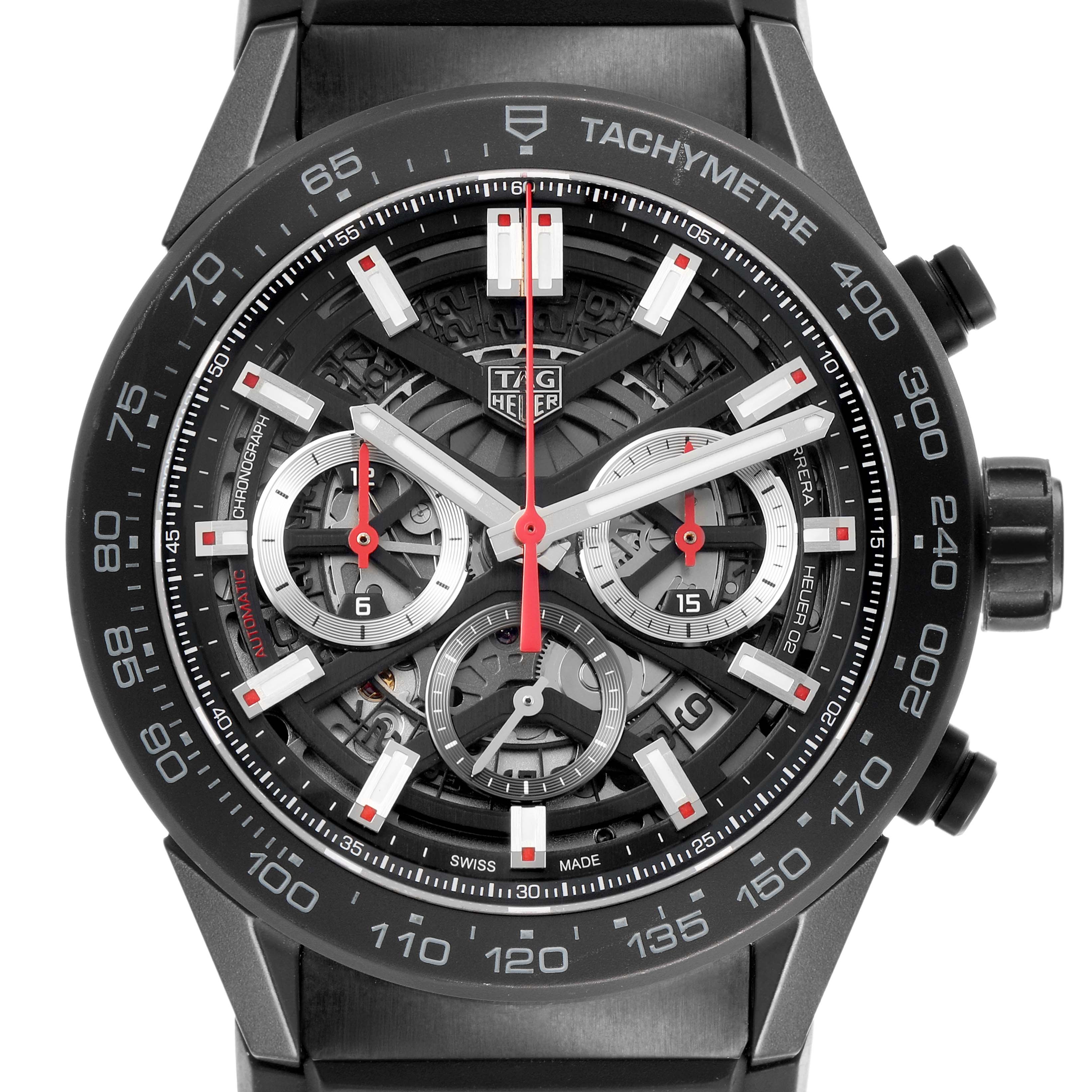 This image shows a front view of the Tag Heuer Carrera CBG2A90.BH0653 Men's Ceramic Black Dial watch, highlighting the dial and chronograph features.