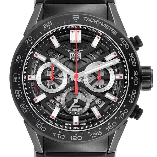 The Tag Heuer Carrera CBG2A90.BH0653 Men's Ceramic Black Dial watch is shown from the front, displaying its face, tachymeter, and chronograph subdials.