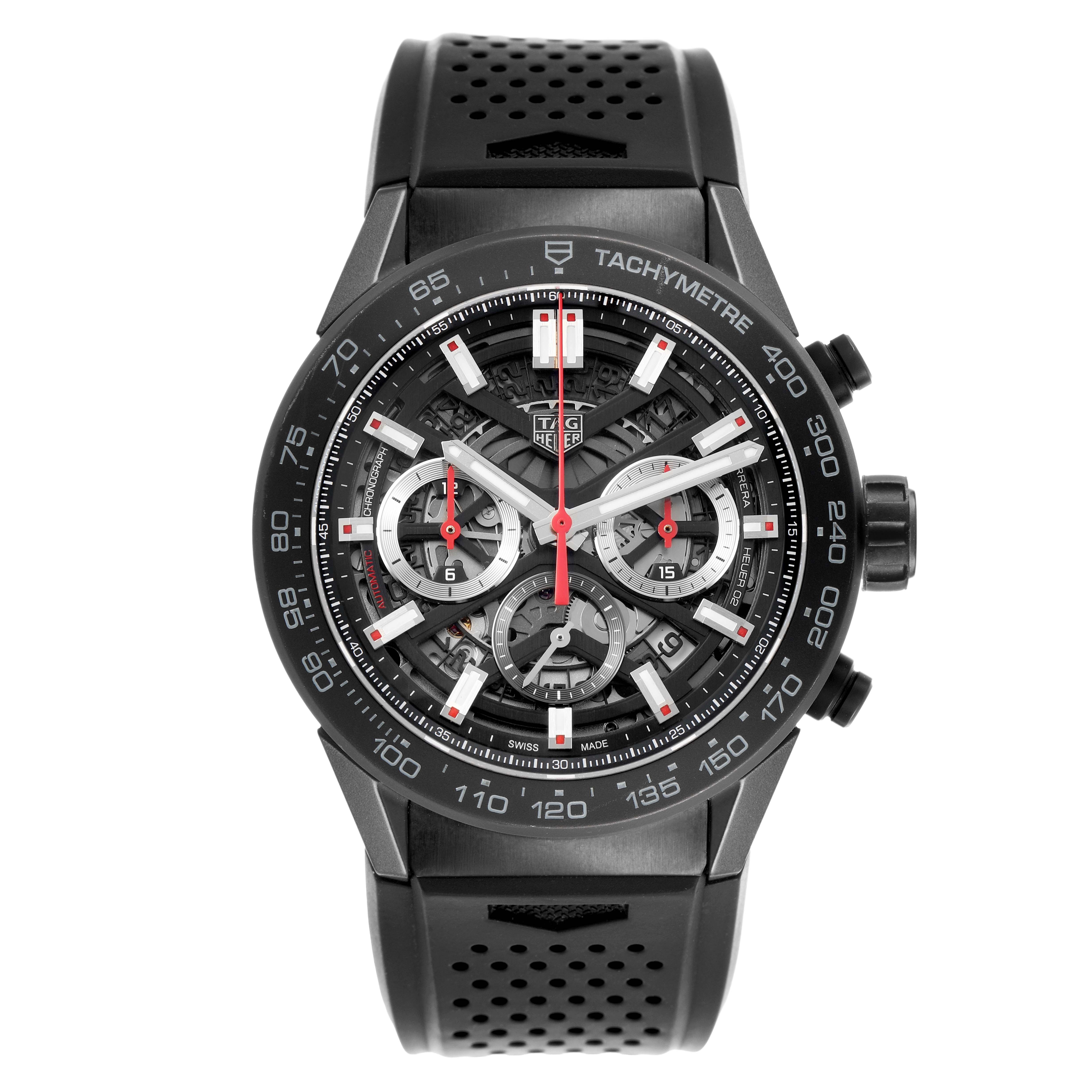 This Tag Heuer Carrera CBG2A90.BH0653 Men's Ceramic Black Dial watch is shown from a front angle, highlighting the tachymeter bezel, chronograph dials, and perforated strap.