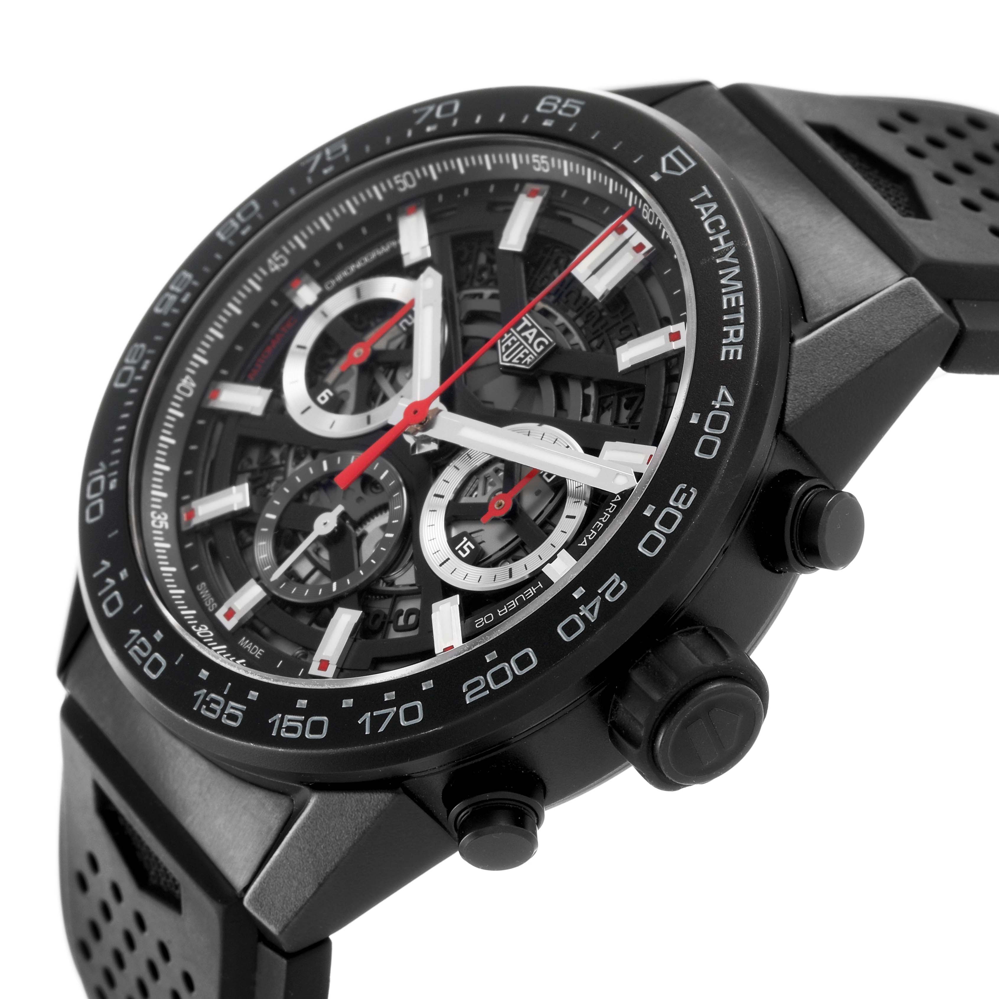 The Tag Heuer Carrera CBG2A90.BH0653 Men's Ceramic Black Dial watch is shown at a slight angle, highlighting its skeleton dial, tachymeter bezel, and side pushers.
