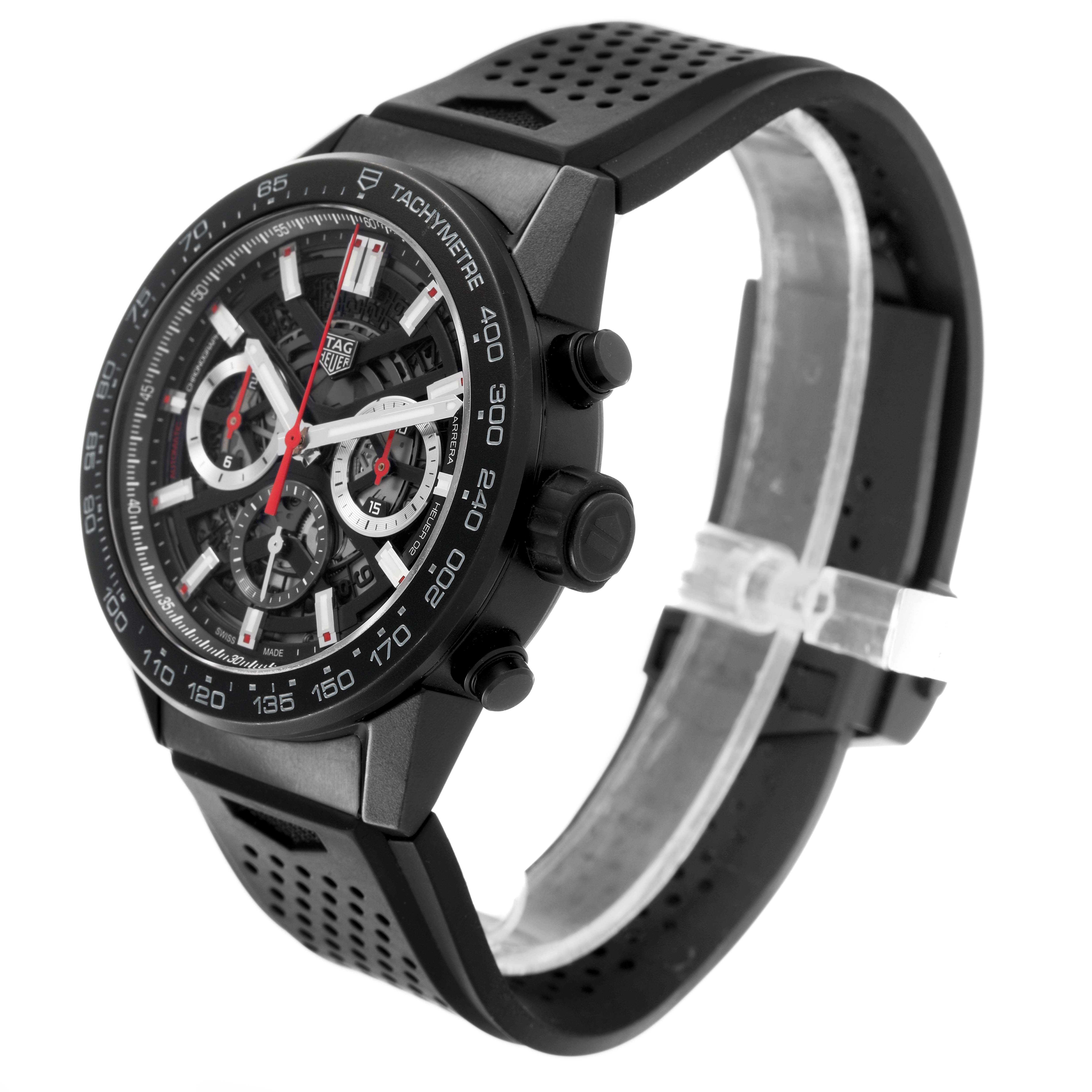 The image shows the Tag Heuer Carrera CBG2A90.BH0653 Men's Ceramic Black Dial watch at a front-left angle, highlighting its black bezel, tachymeter, subdials, and strap.