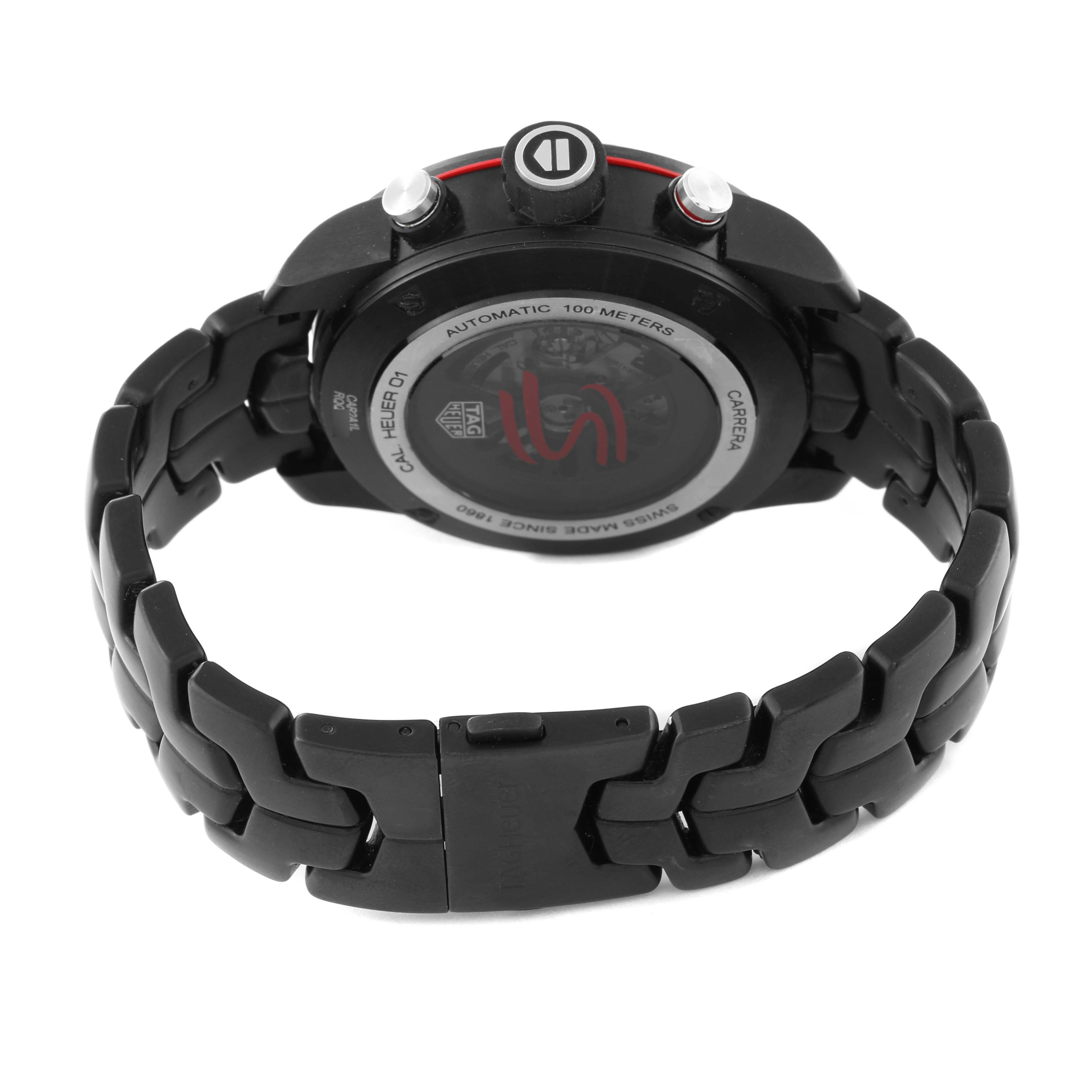 The image shows the back and clasp of a Tag Heuer Carrera CAR2A1L.BA0688 Men's Stainless Steel Grey Dial CAR2A1L.BA0688 Men's Stainless Steel Grey Dial watch, highlighting the case back and part of the bracelet.