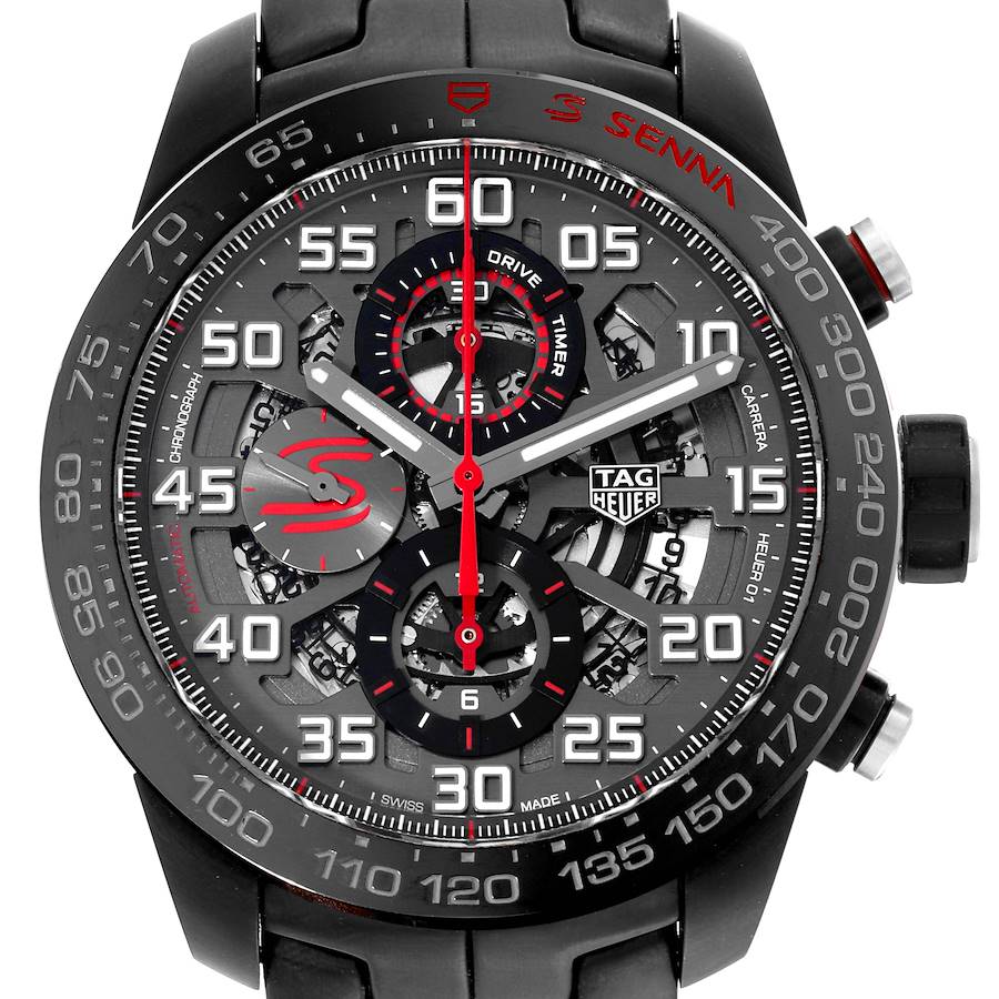 The Tag Heuer Carrera watch is shown from a frontal angle, displaying its dial, hands, subdials, and bezel details.