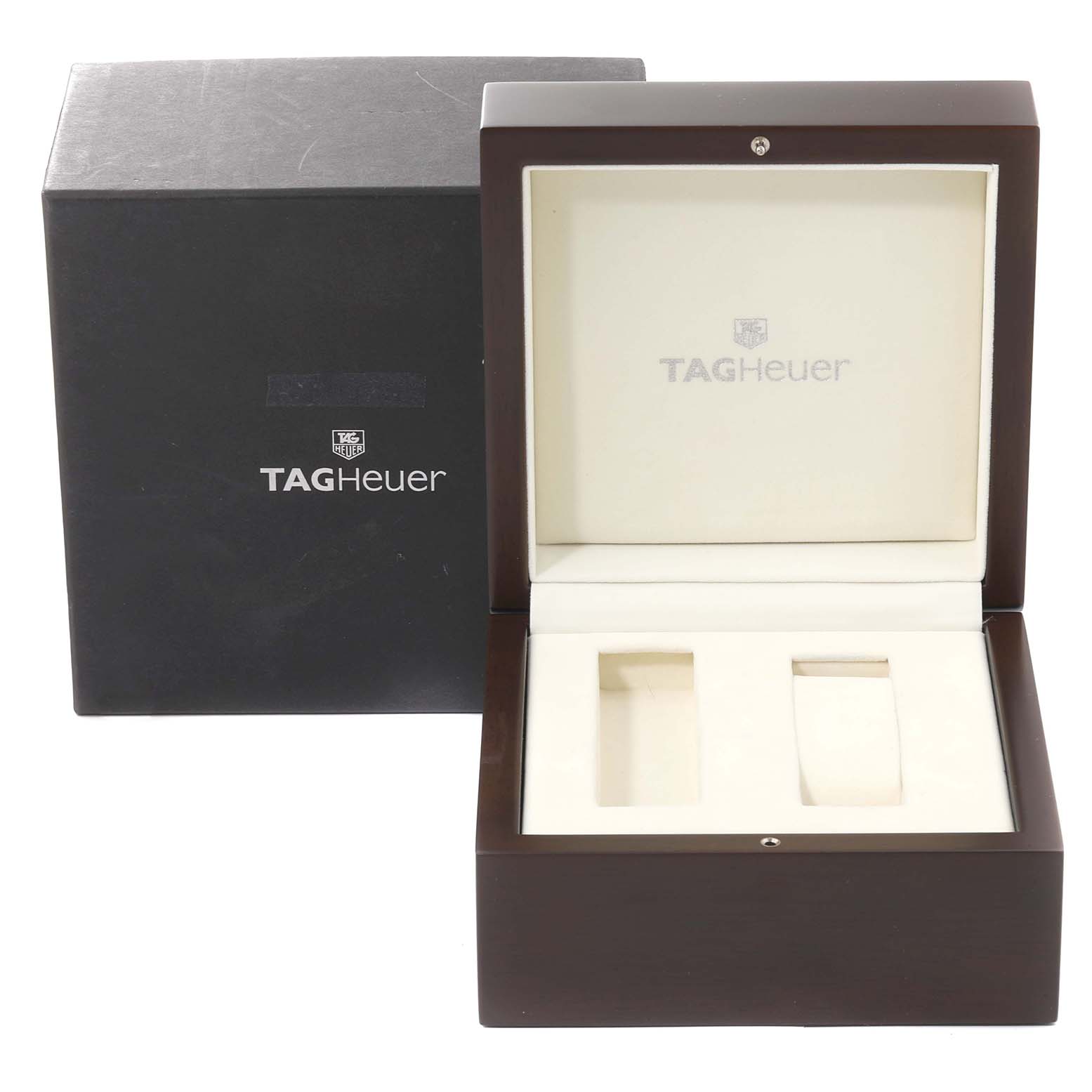 The image shows an open Tag Heuer Carrera CAR2A1L.BA0688 Men's Stainless Steel Grey Dial CAR2A1L.BA0688 Men's Stainless Steel Grey Dial watch box with its black outer box beside it.