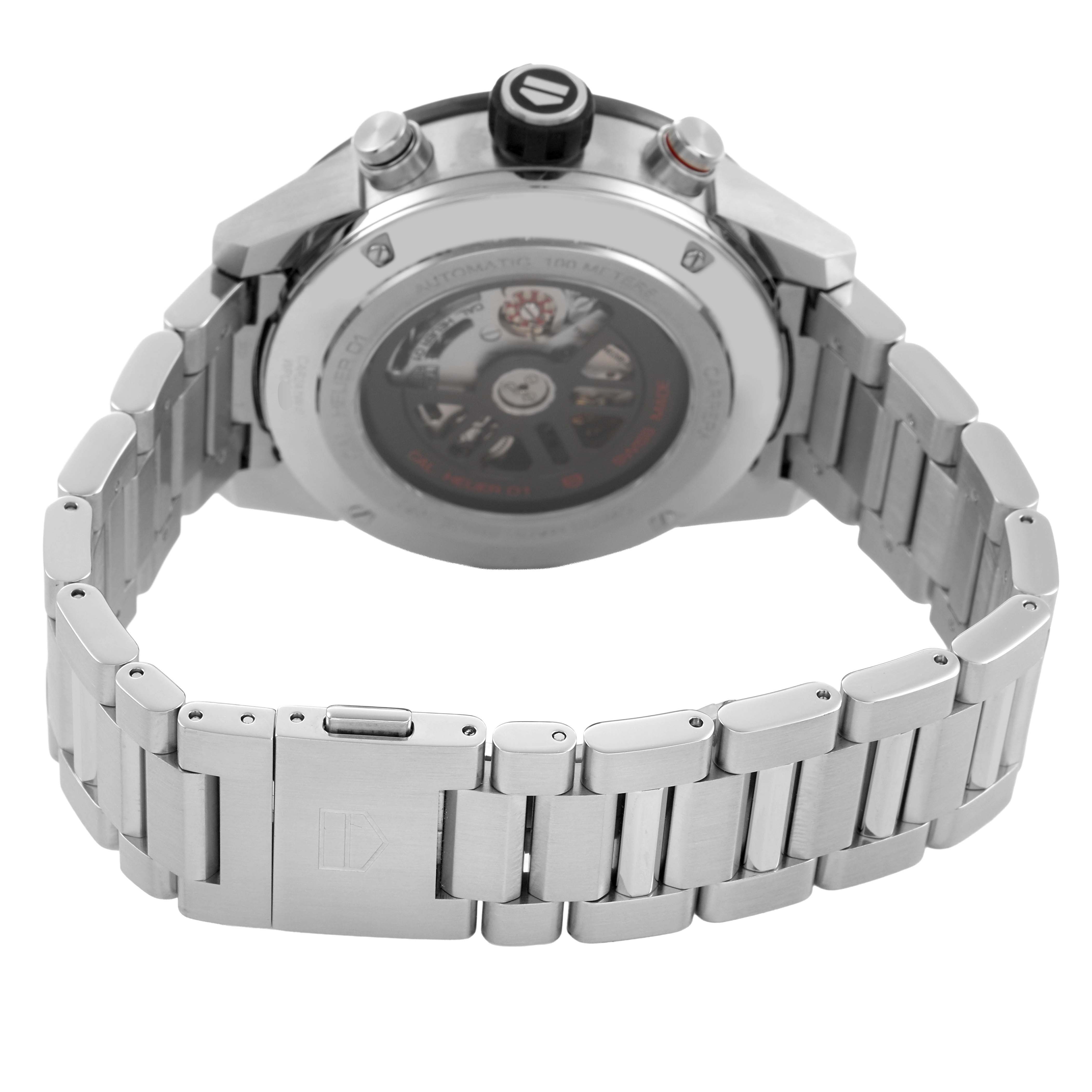 The Tag Heuer Carrera CAR2A1W.BA0703 Men's Stainless Steel Transparent Dial watch is shown from a rear angle, highlighting the bracelet, clasp, and transparent case back.