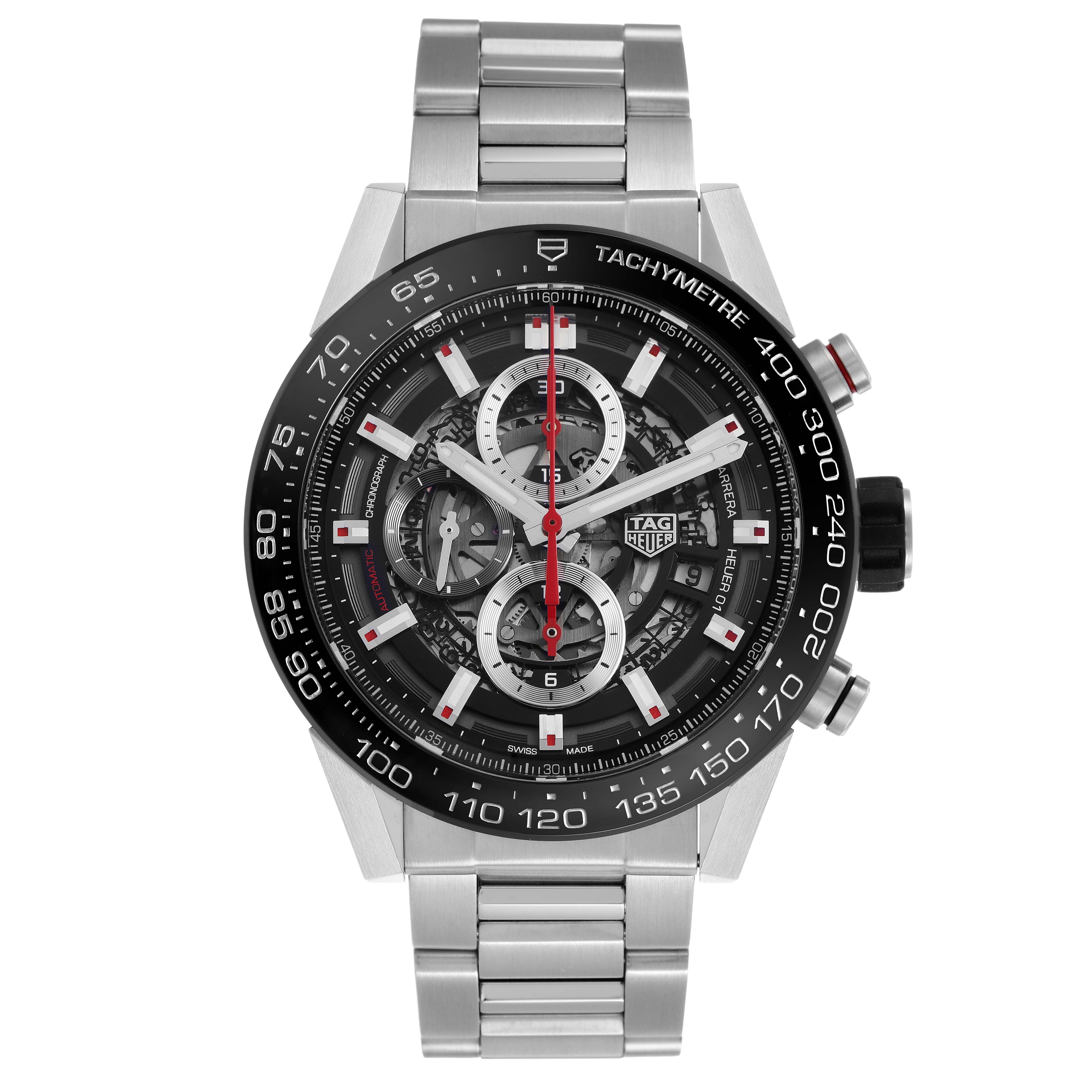The TAG Heuer Carrera watch is shown from the front, displaying its dial, tachymeter bezel, and stainless steel bracelet.
