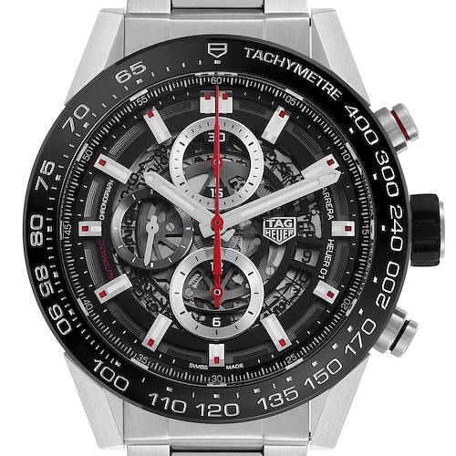 The image shows a frontal view of the Tag Heuer Carrera CAR2A1W.BA0703 Men's Stainless Steel Transparent Dial watch, highlighting its tachymeter bezel and skeletal dial.