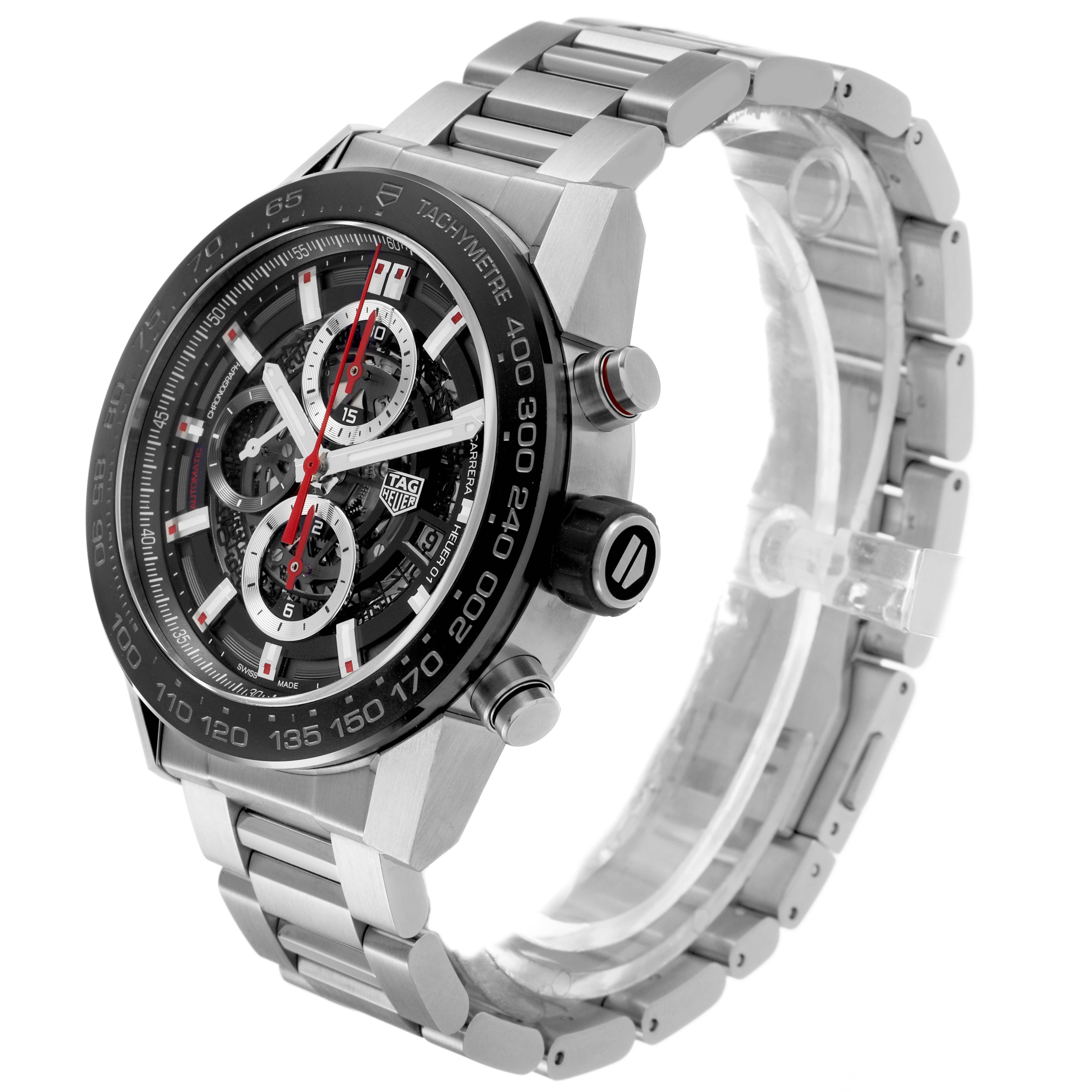 The Tag Heuer Carrera CAR2A1W.BA0703 Men's Stainless Steel Transparent Dial watch is shown at a slight angle, displaying the face, bezel, and metal bracelet.